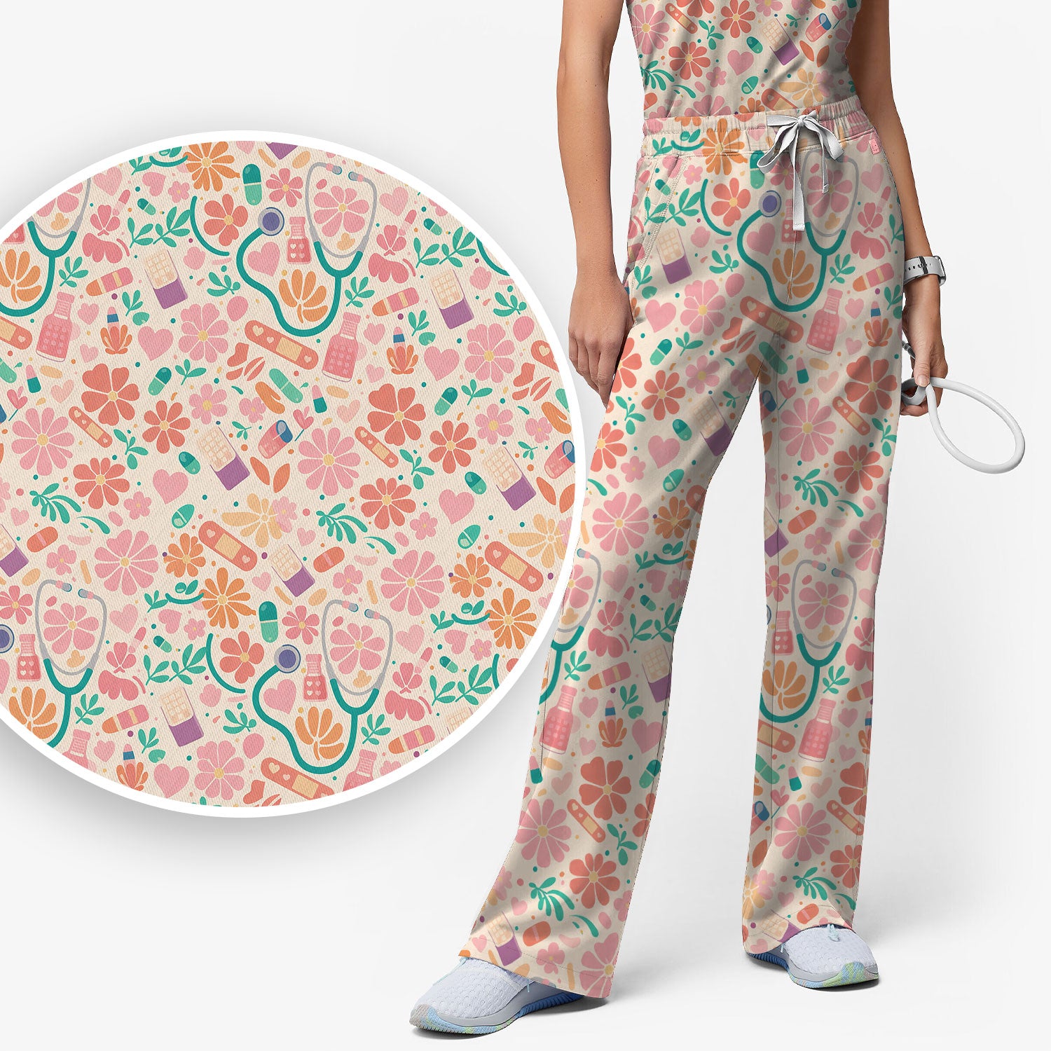 Cute Medical Floral Pattern Scrub Set, Scrub Pants and V Neck Top