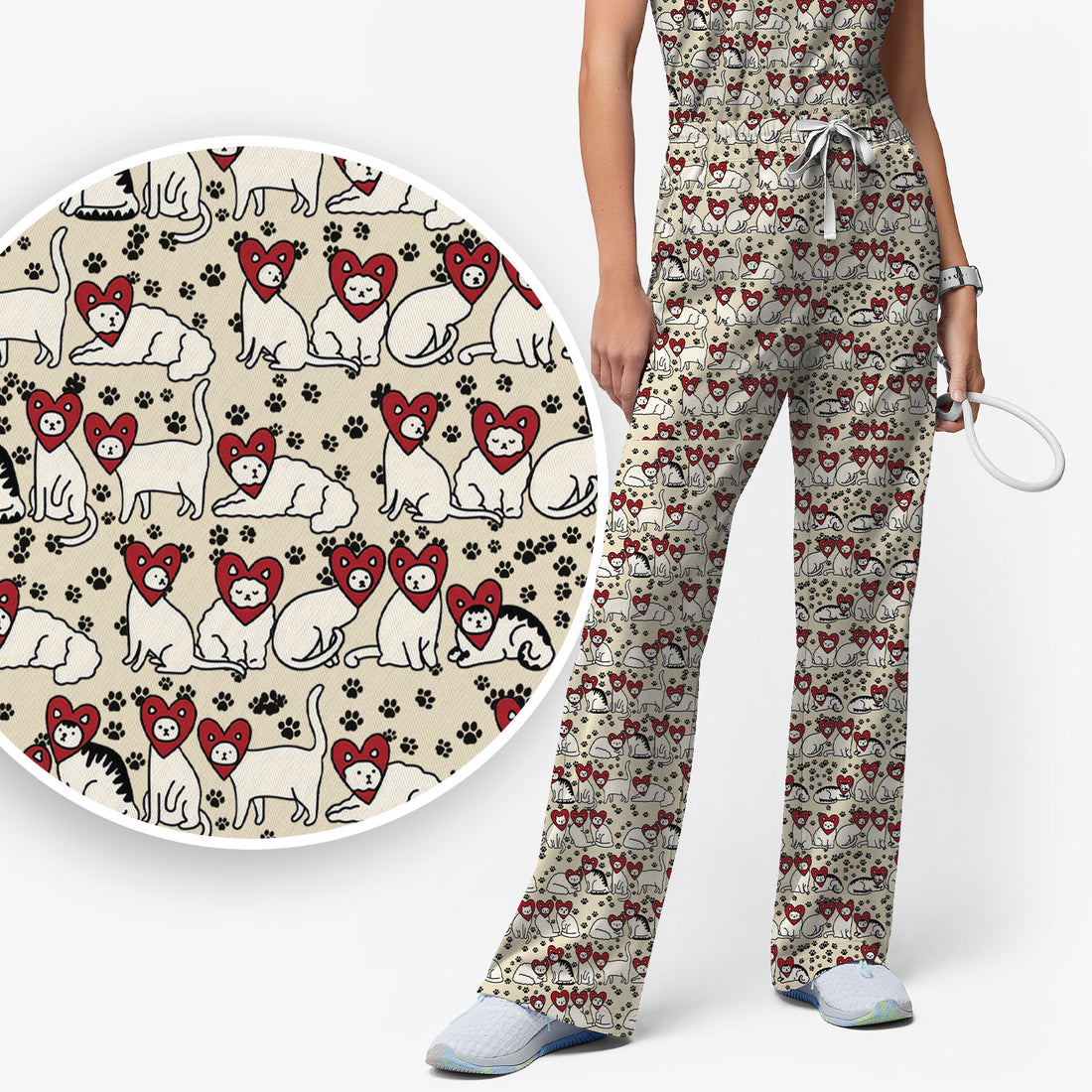 Cute Cat Heart Pattern Scrub Set, Funny Cat Scrub Shirt For Nurses, Breathable Fabrics Nursing Uniform