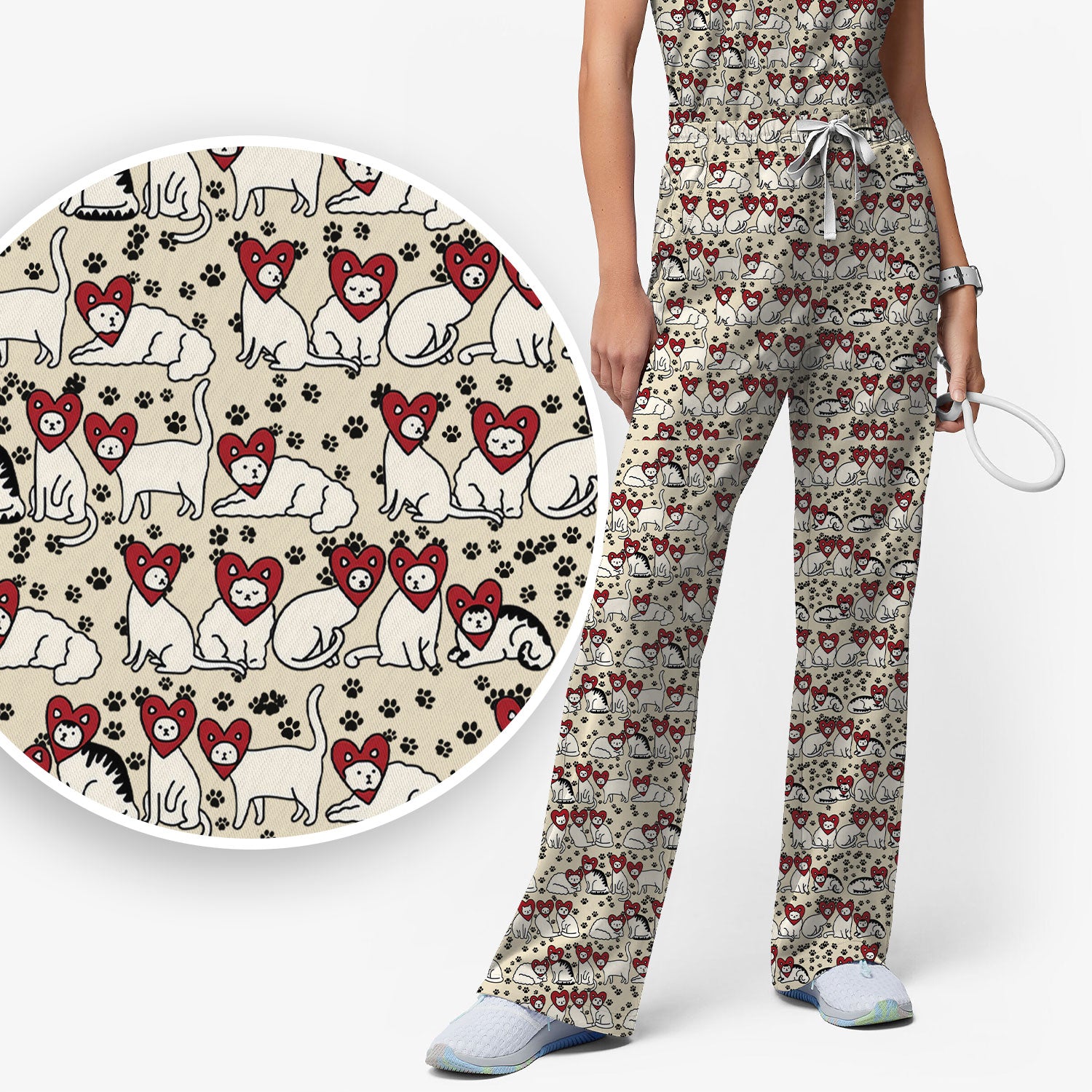 Cute Cat Heart Pattern Scrub Set, Funny Cat Scrub Shirt For Nurses, Breathable Fabrics Nursing Uniform