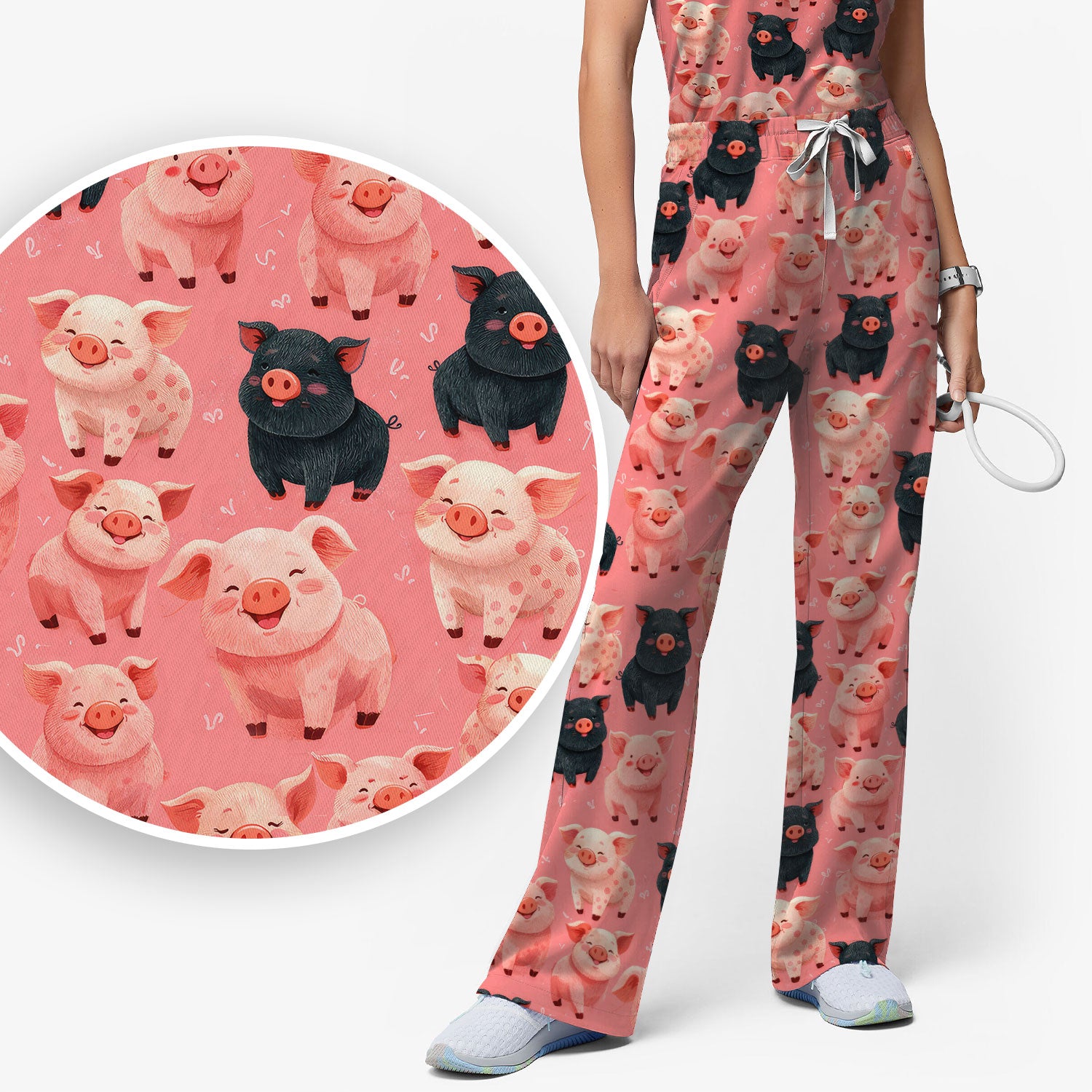 Cartoon Pig Print Scrub Set, Scrub Pants and V Neck Top, Breathable Med Uniform