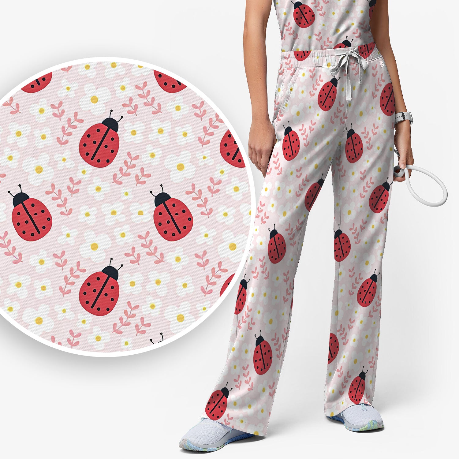Lovely Ladybug Blossom Garden Print Scrub Set, Women's Scrub Sets