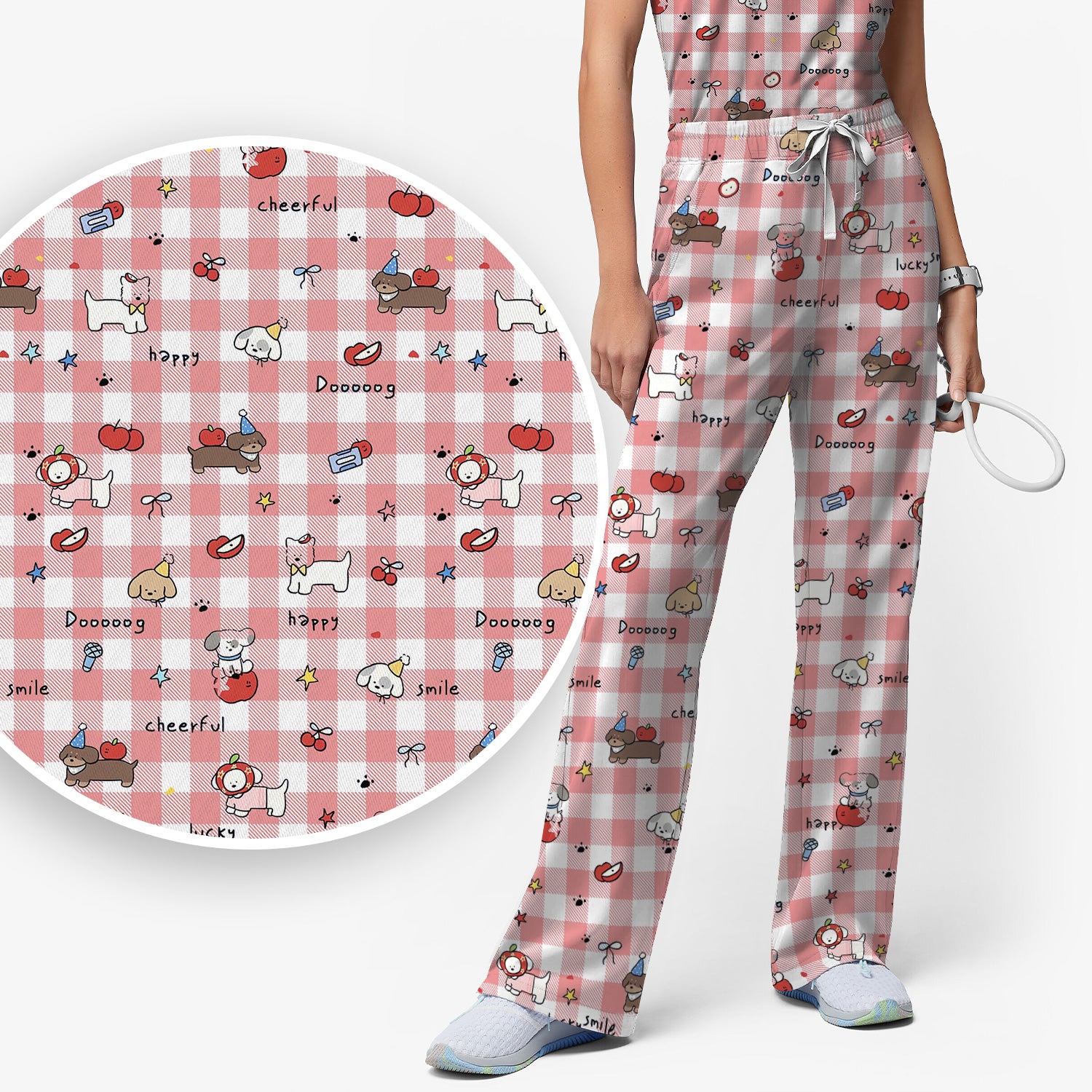 Cute Nurse Cartoon Puppy Apple Gingham Scrub Top, Breathable Fabrics Nursing Uniform