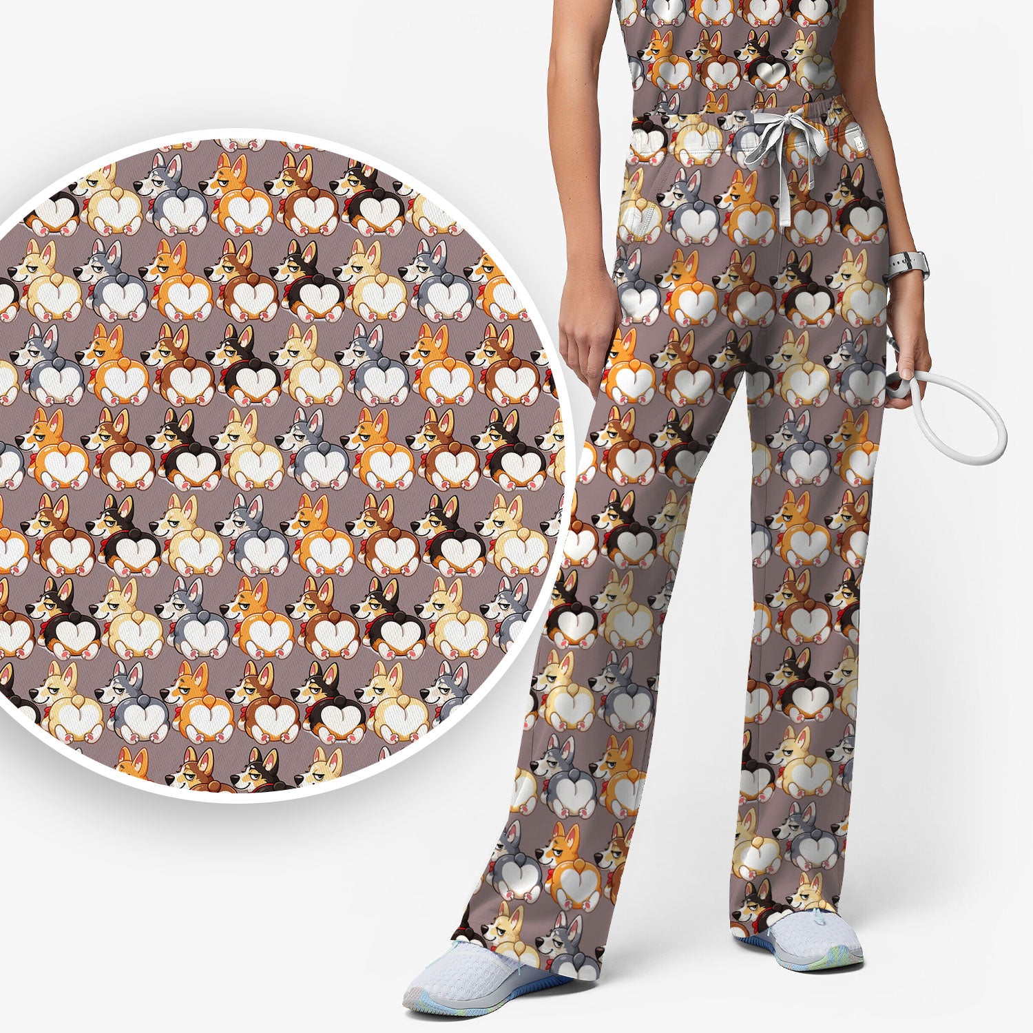 Funny Corgi Cartoon Pattern Scrub Set, Breathable Med Uniform