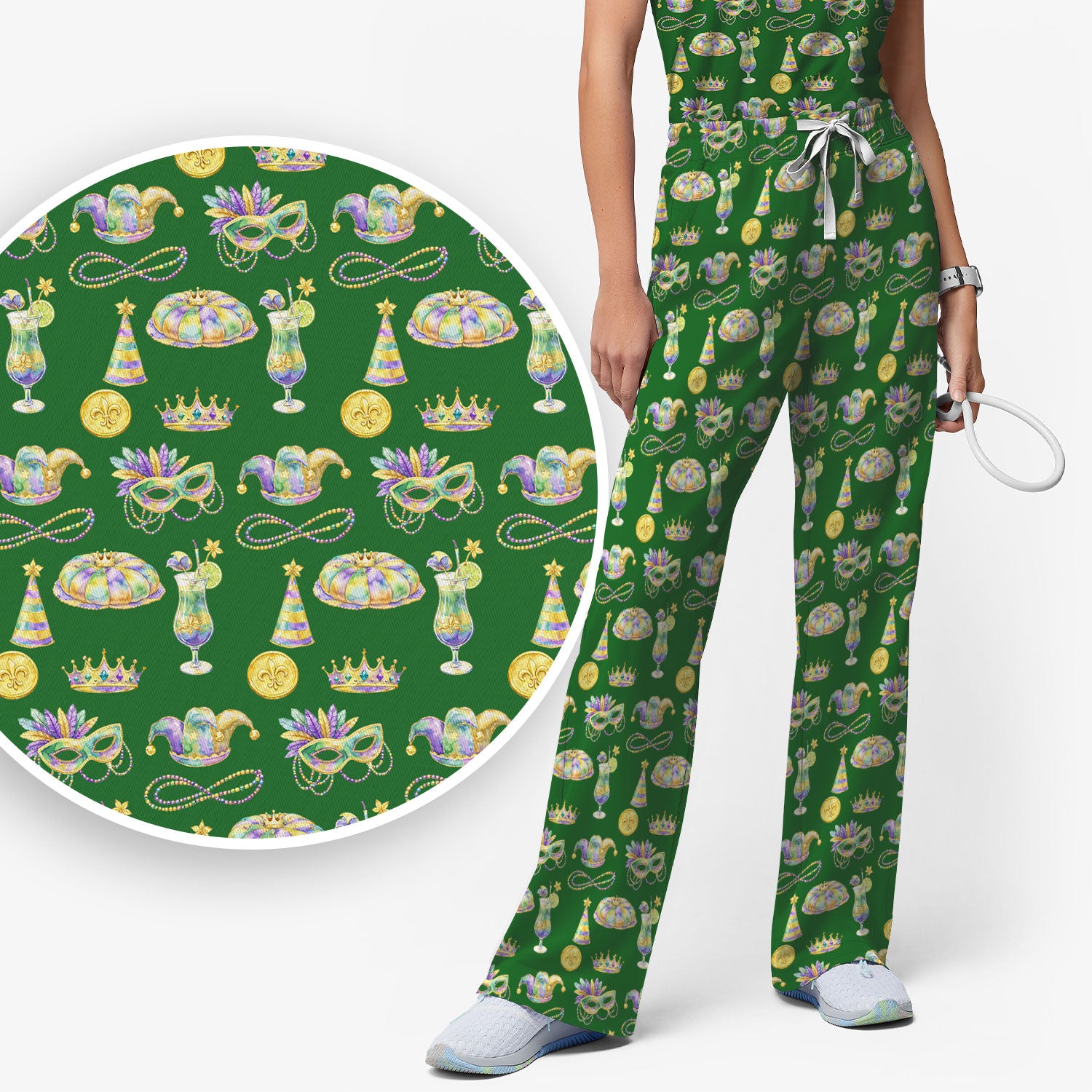 Mardi Gras Mask Scrub Set, Elegant Carnival Pattern Nurse Shirt For Women, Breathable Fabrics Nursing Uniform