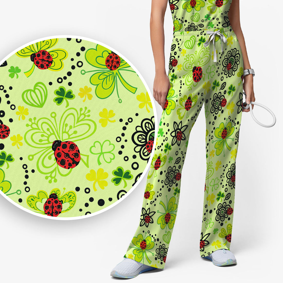 Ladybug Clover Floral Pattern Print Scrub Sets, Scrub Pants and V Neck Top
