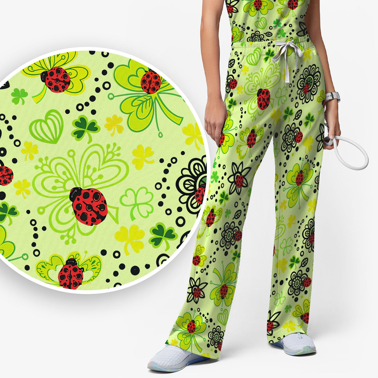 Ladybug Clover Floral Pattern Print Scrub Sets, Scrub Pants and V Neck Top