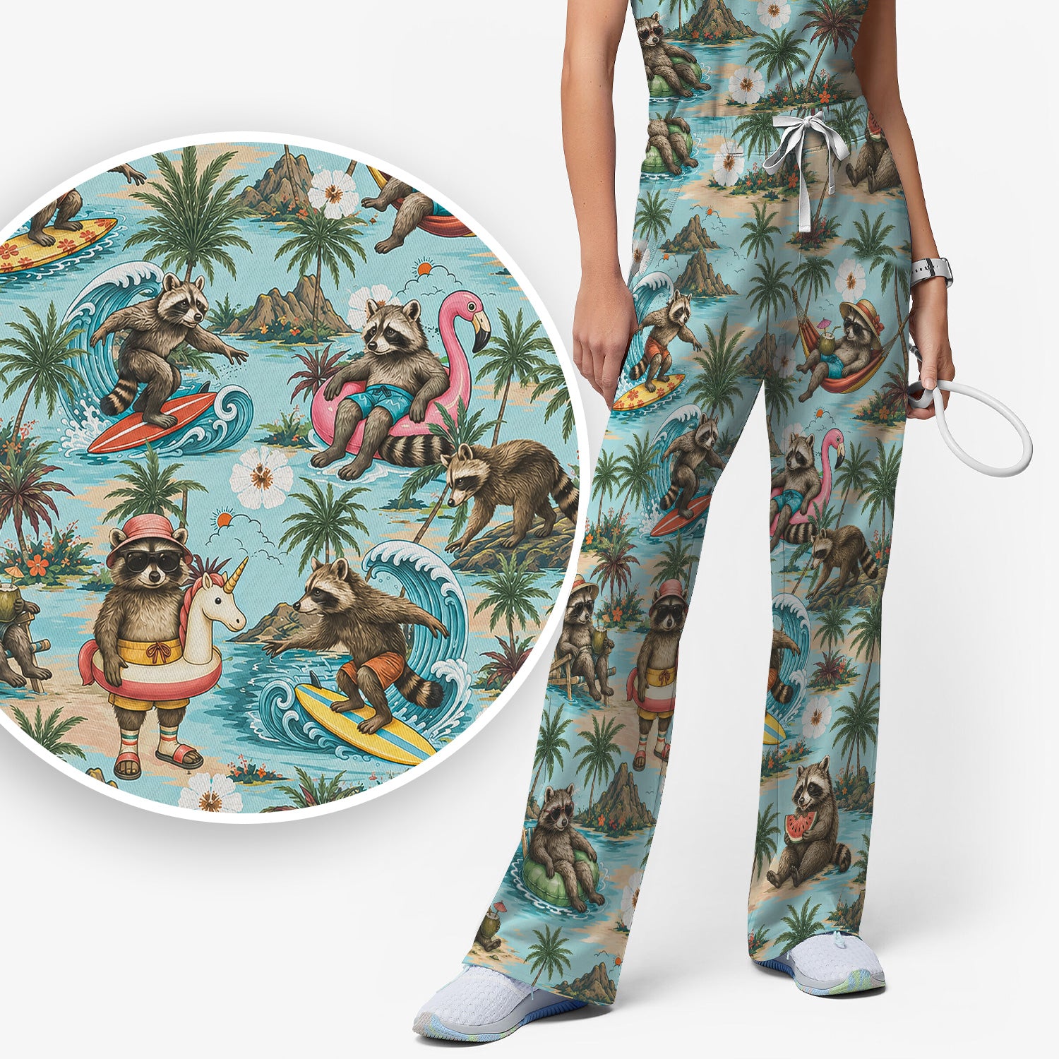 Tropical Raccoon with Surfing Island Beach Print Scrub Set, Scrub Pants and V Neck Top