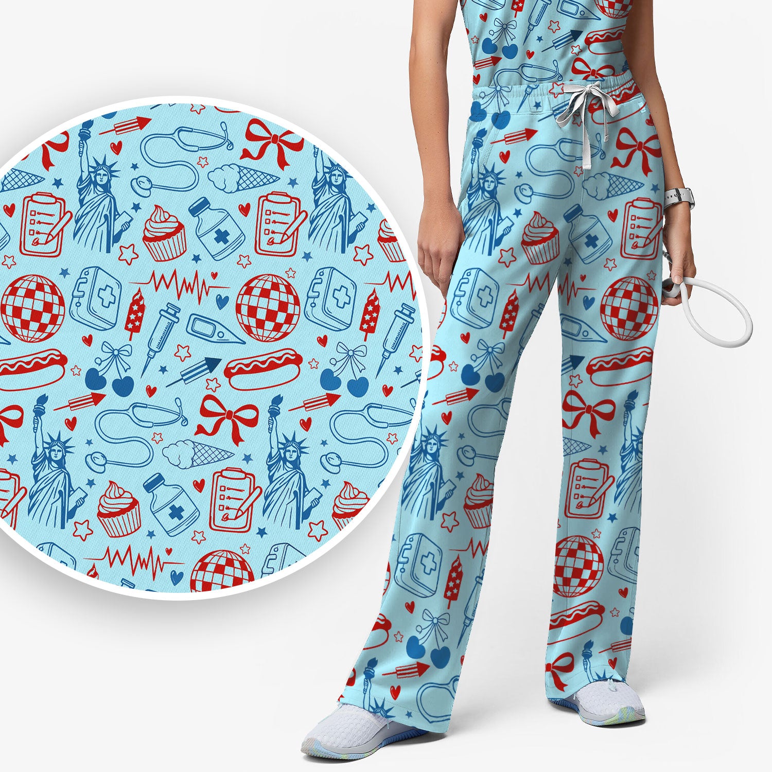 Patriotic Nurse Medical Icons Pattern Scrub Set, Scrub Pants and V Neck Top