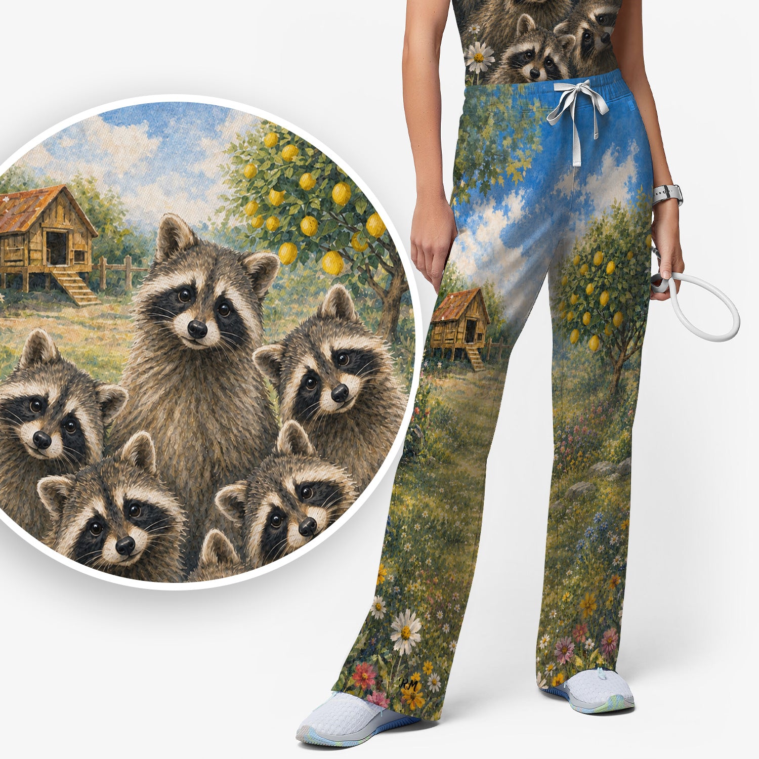 Adorable Raccoon Family Garden Pattern Scrub Set, Scrub Pants and V Neck Top