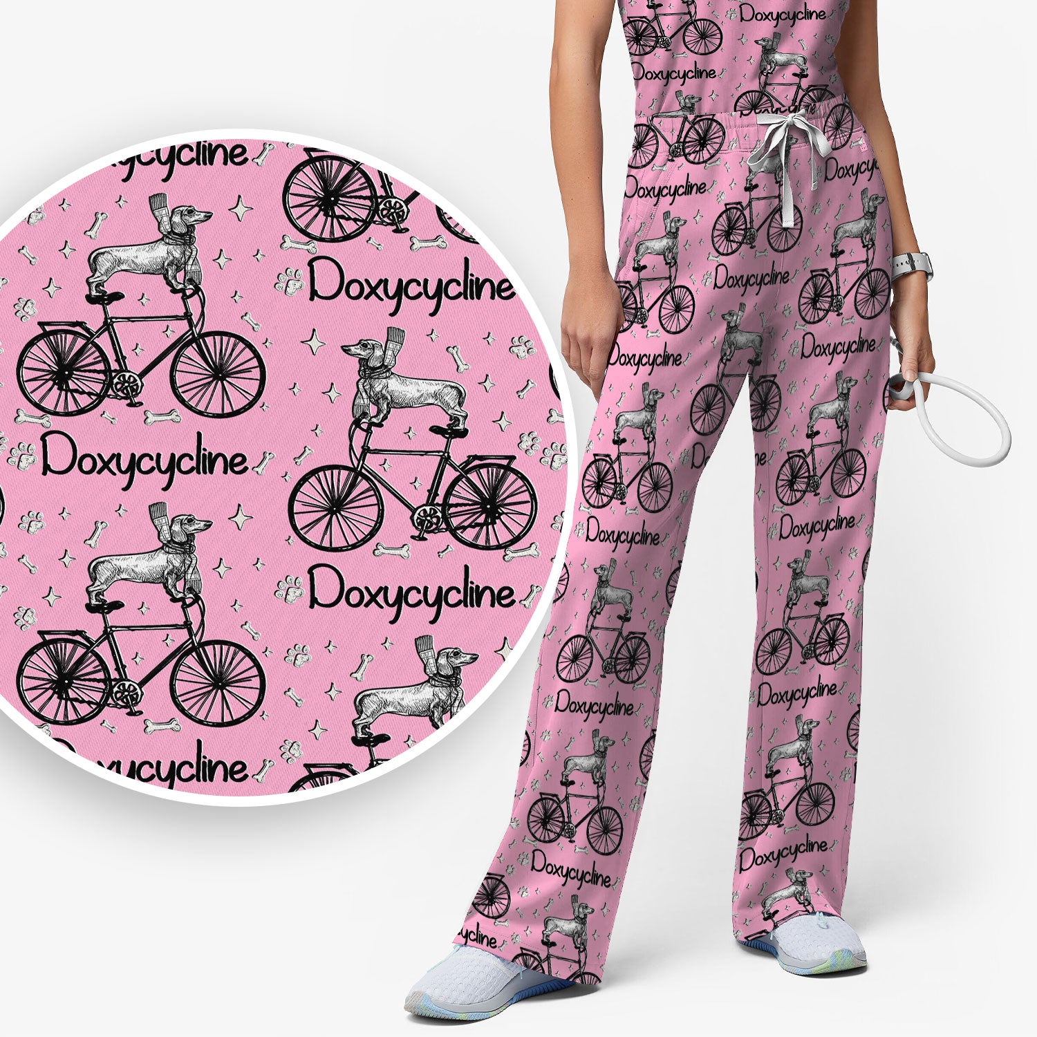 Funny Doxycycline Dog Bicycle Print Scrub Set, Scrub Pants and V Neck Top