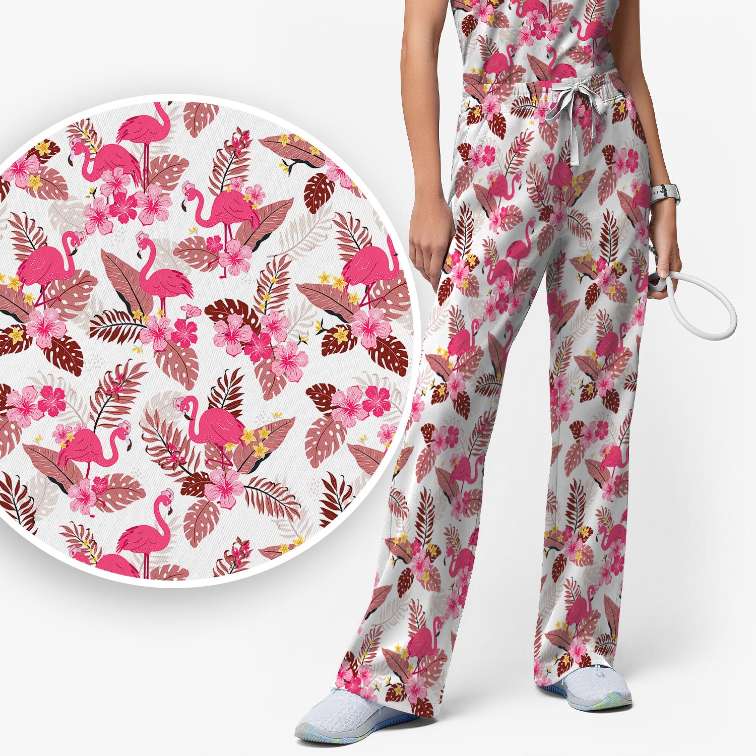 Pink Flamingo Tropical Floral Scrub Set, Scrub Pants and V Neck Top