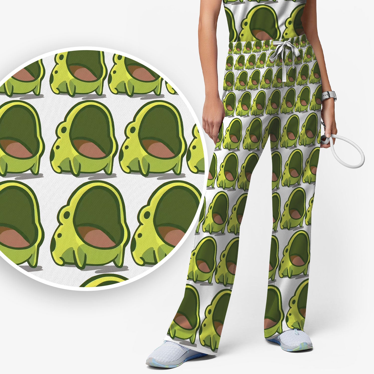 Cute Green Frog Cartoon Print Scrub Set, Scrub Pants and V Neck Top