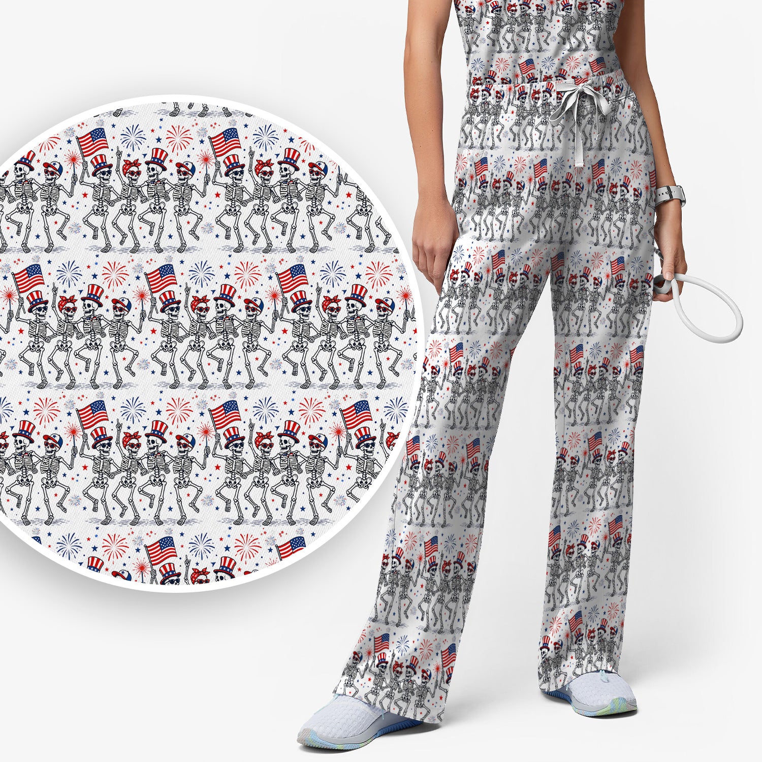 Funny Patriotic Skeleton Pattern, July 4 Medical Scrub Set, Scrub Pants and V Neck Top