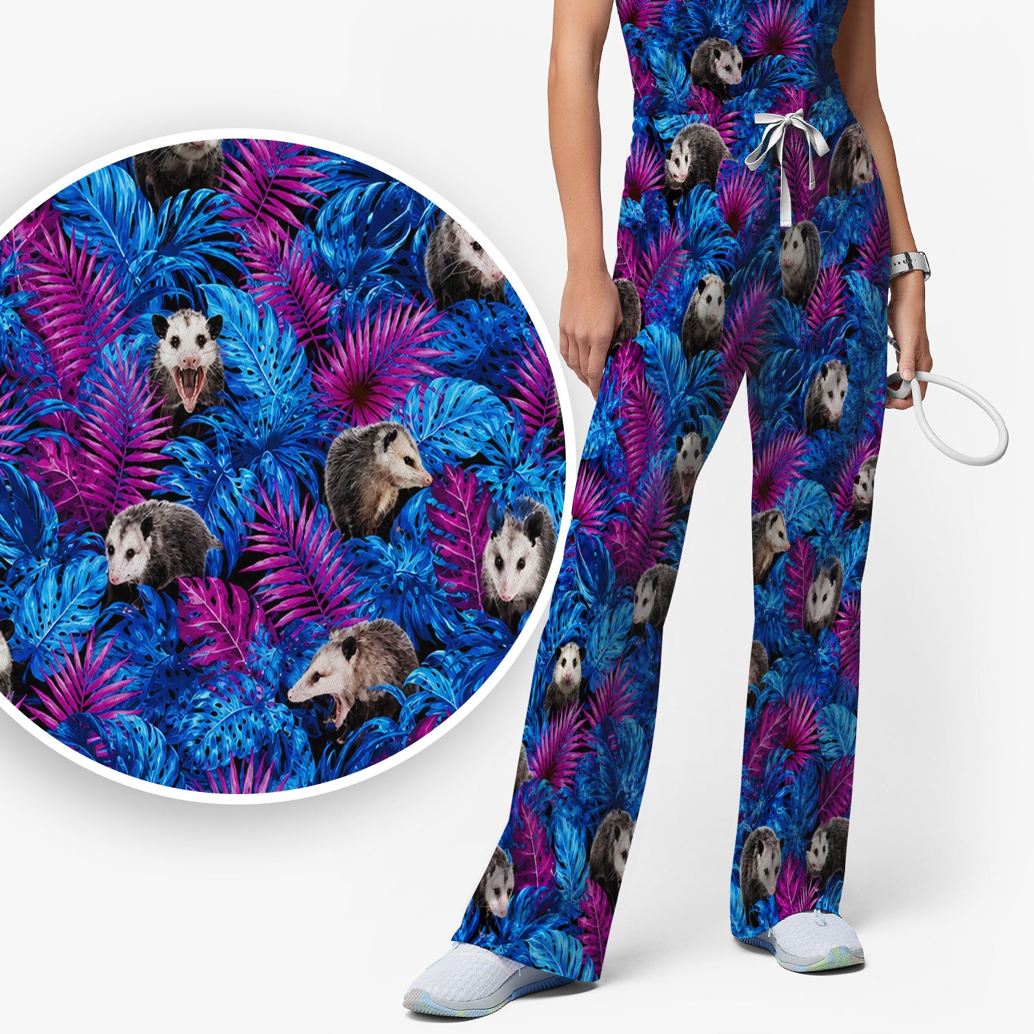 Cute Opossum Tropical Print Scrub Set, Scrub Pants and V Neck Top