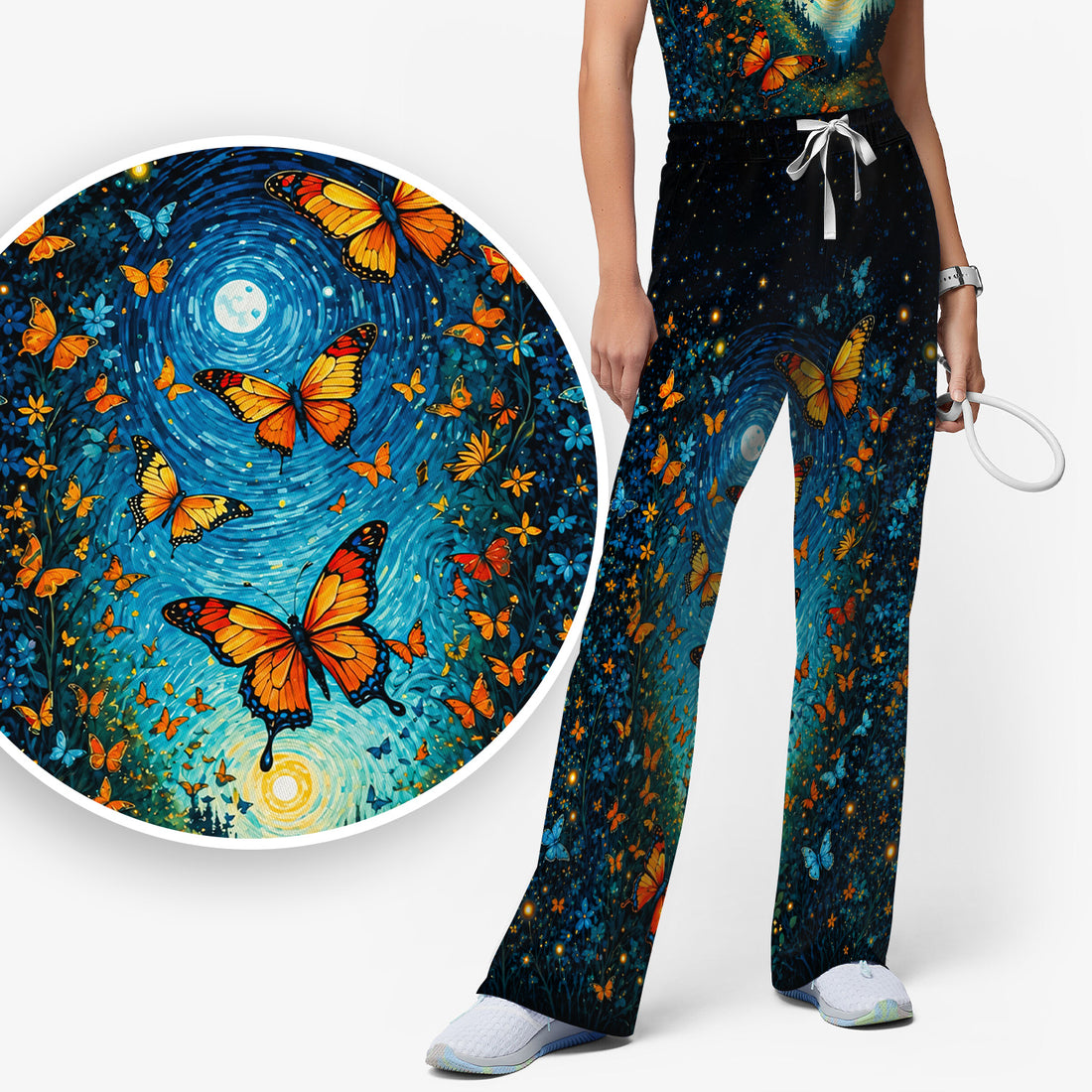 Moonlit Butterfly Nurse Print Scrub Set, Scrub Pants and V Neck Top