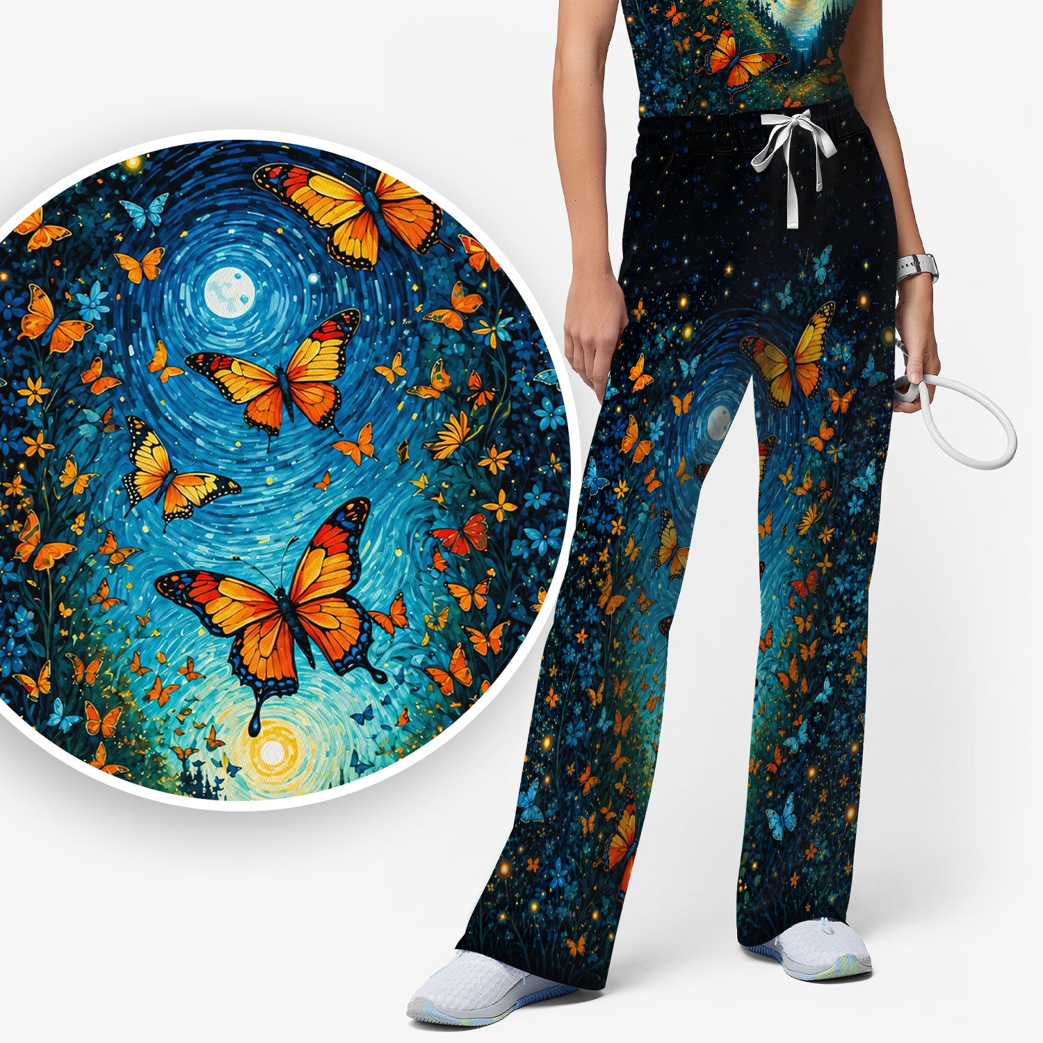 Moonlit Butterfly Nurse Print Scrub Set, Scrub Pants and V Neck Top