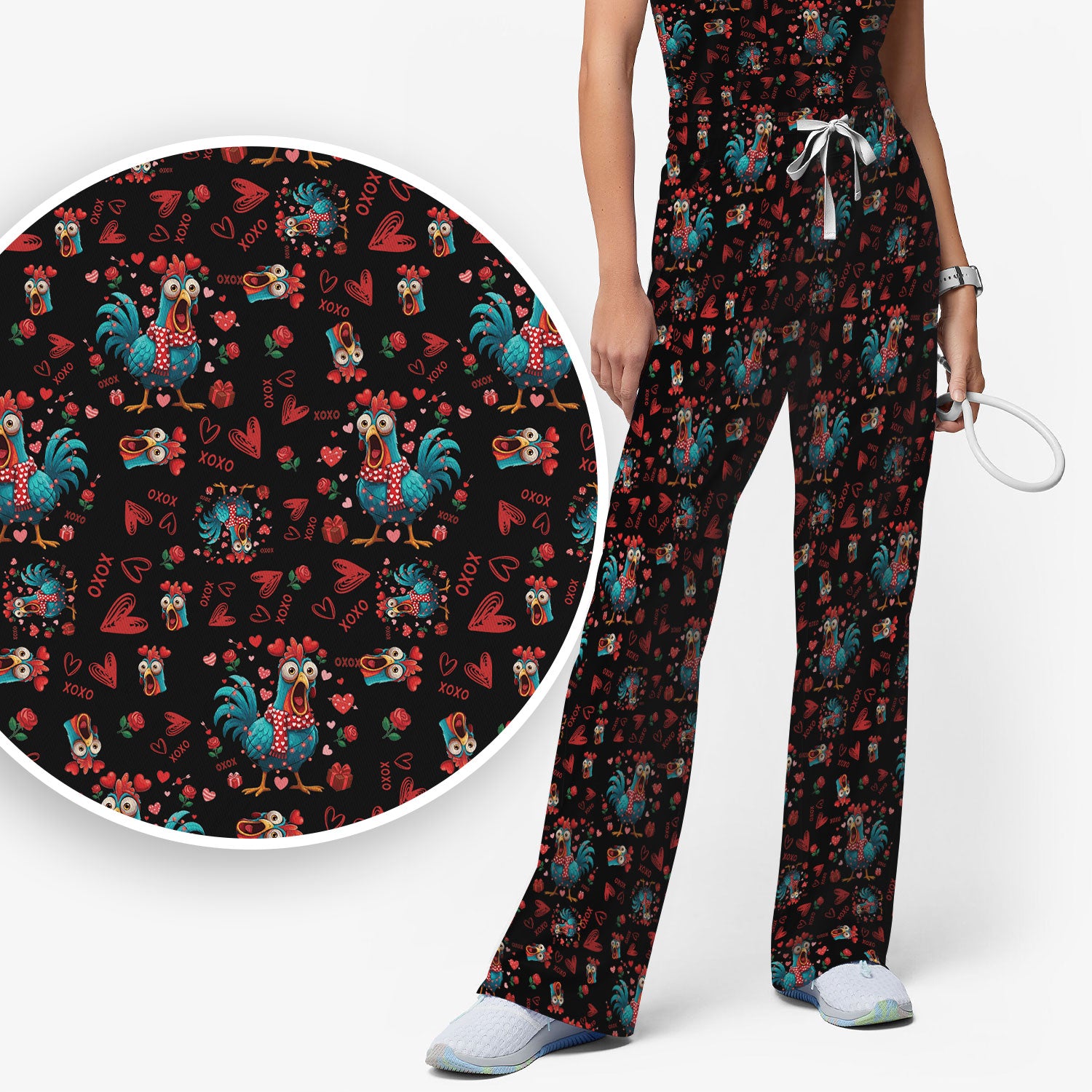 Funny Rooster Valentine Scrub Set, Cute Chicken XOXO Heart Pattern Nurse Shirt, Breathable Fabrics Nursing Uniform