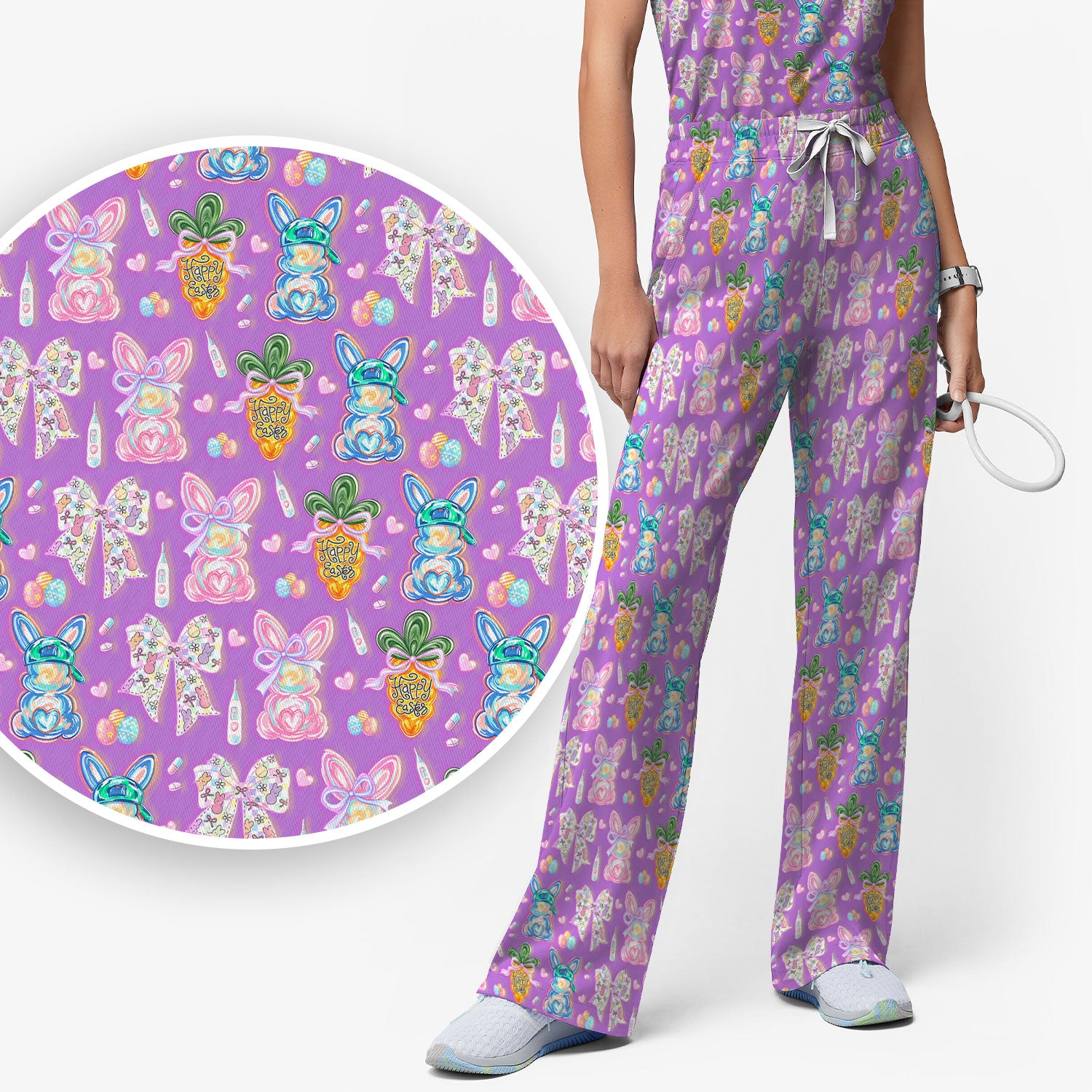 Easter Bunny Carrot Bow Floral Print Scrub Set, Breathable Med Uniform