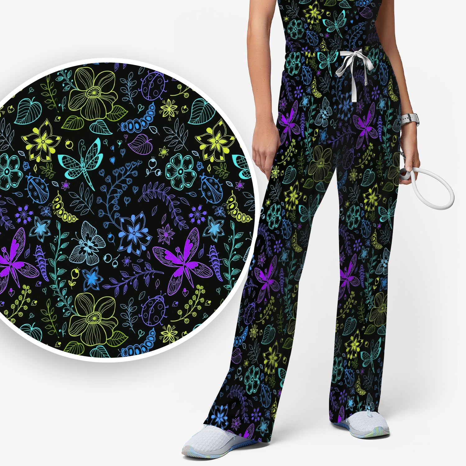Neon Butterfly and Floral Garden Pattern Scrub Set, Scrub Pants and V Neck Top