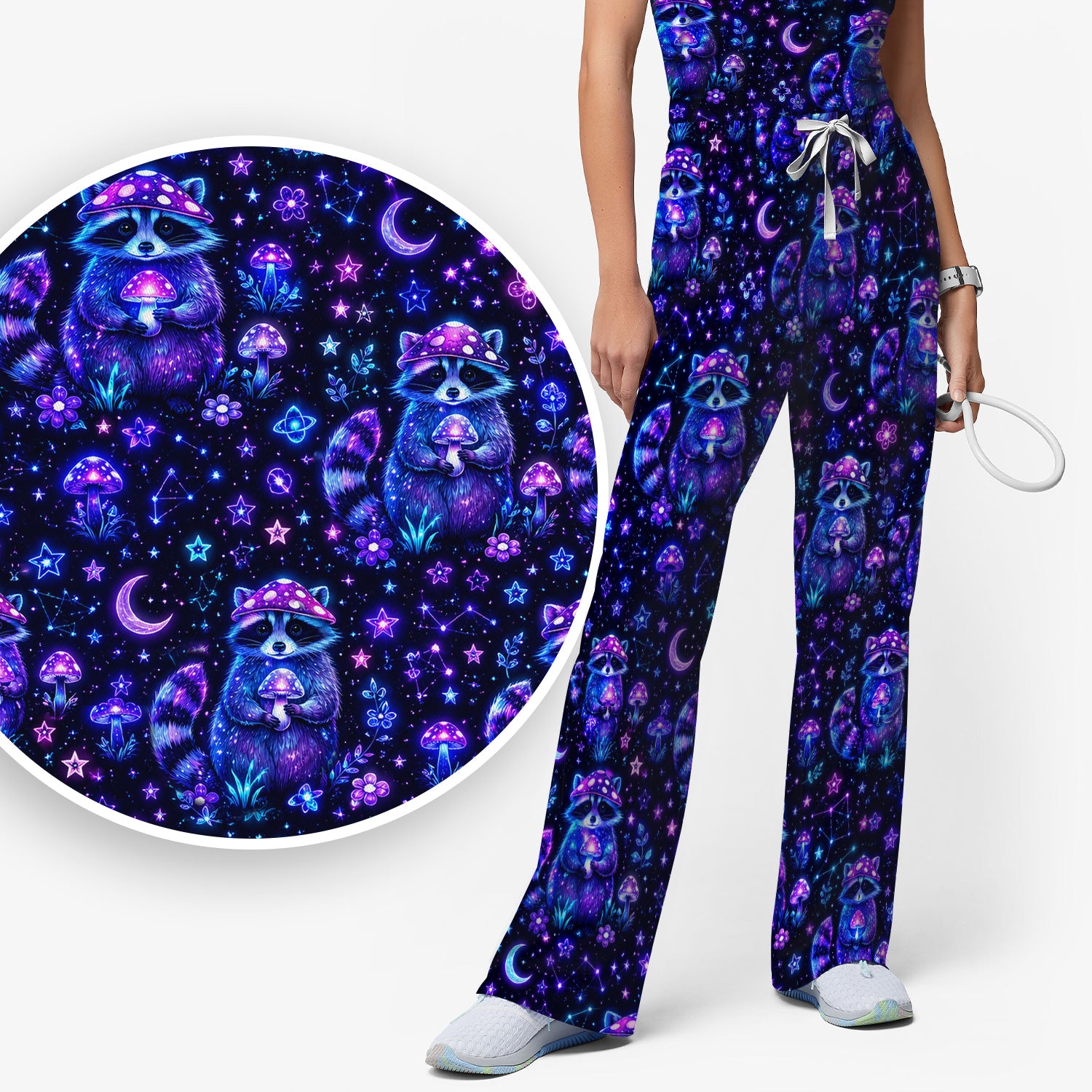 Neon Mushroom Raccoon Nurse Pattern Scrub Set, Scrub Pants and V Neck Top