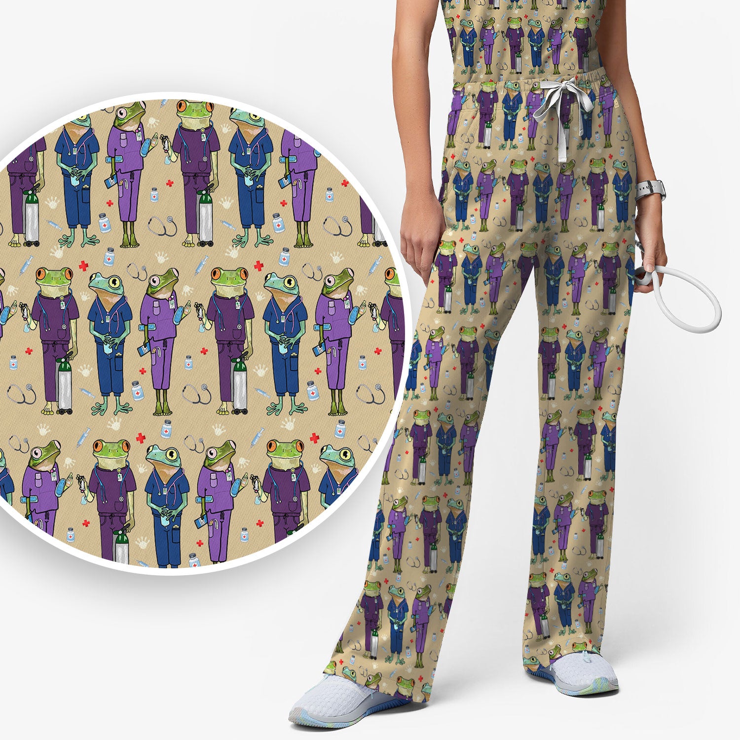 Funny Frog Nurse Pattern Scrub Set, Scrub Pants and V Neck Top
