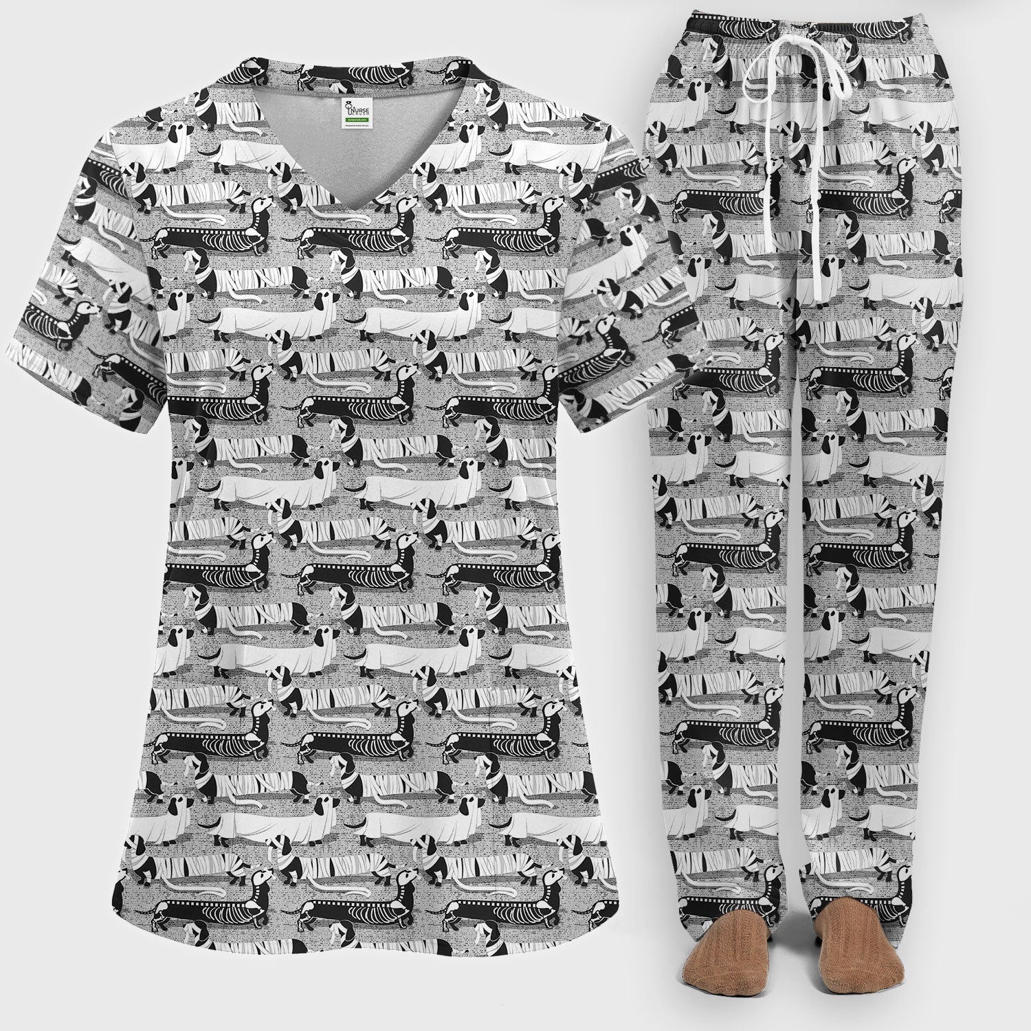 Halloween Scrub Set for Women - Spooky Dachshund Skeleton Med Uniform - Comfortable Nursing Pants - Ugly Sweater for Pet Lover