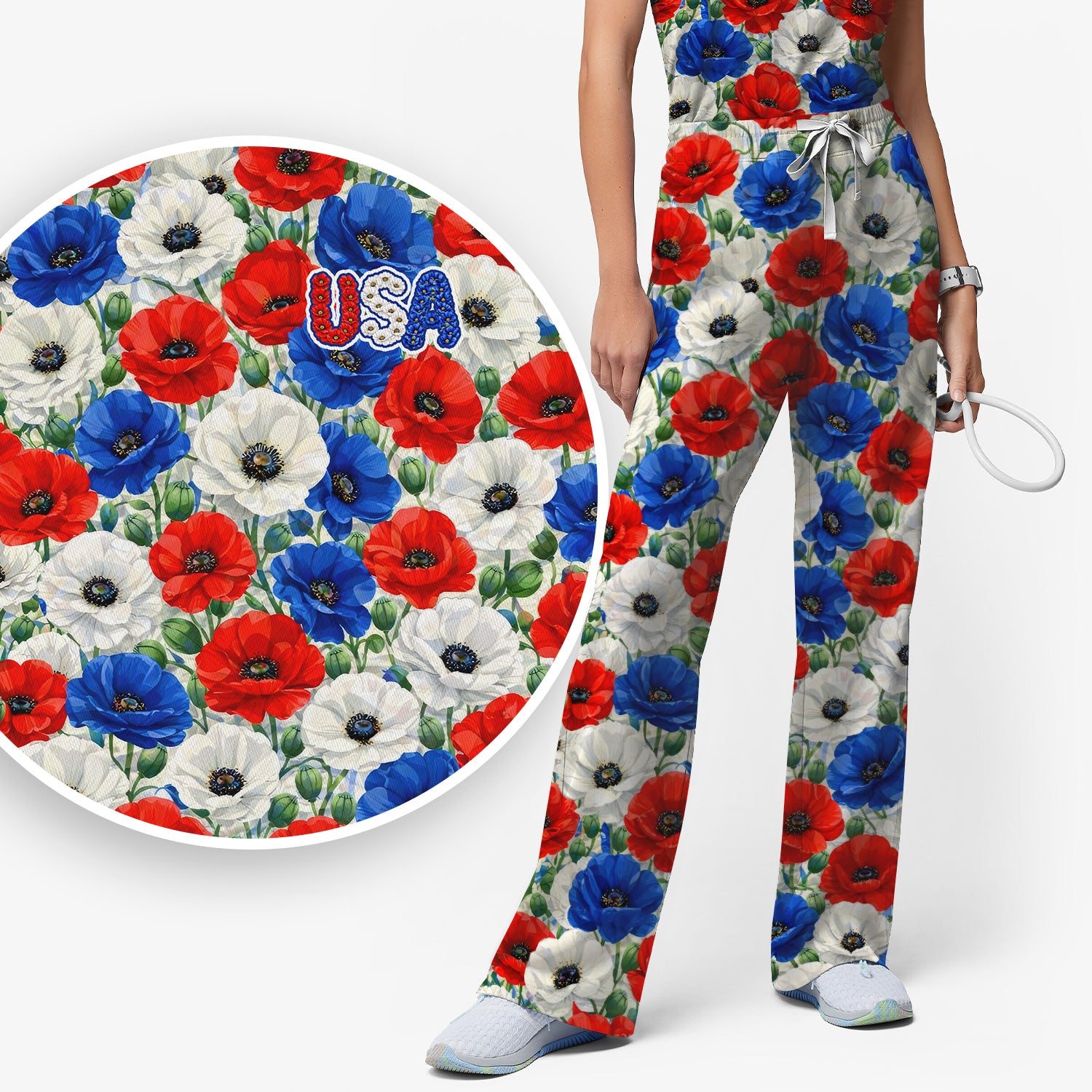 Festive Patriotic Red Blue Poppy Floral Pattern Scrub Set, Scrub Pants and V Neck Top