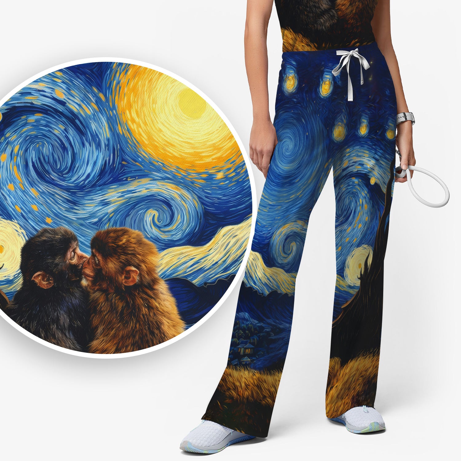 Romantic Monkey Couple Night Sky Pattern Scrub Set, Women's Scrub Sets