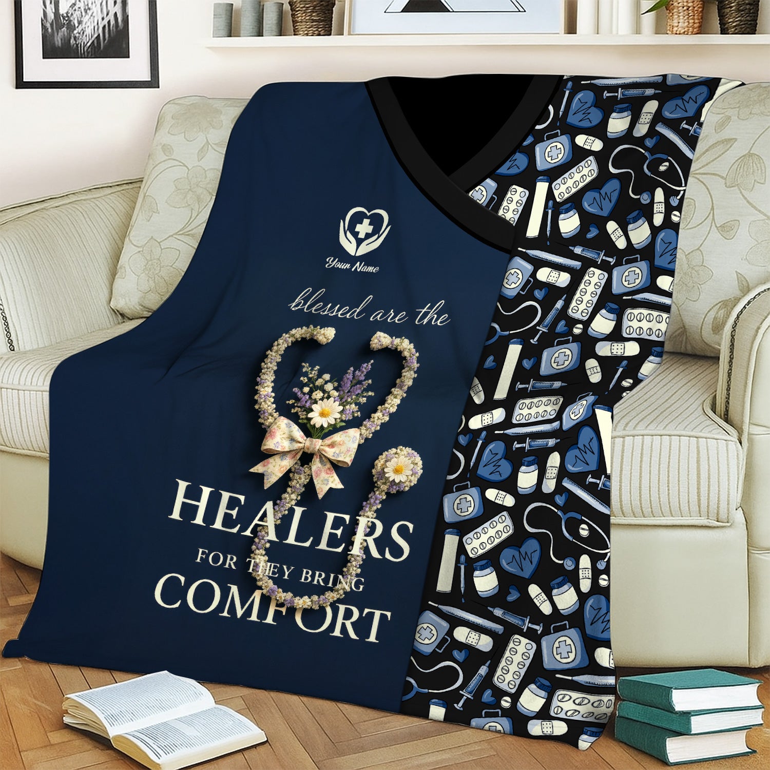 Custom Name Nurse Blanket - Blessed Are the Healers Who Bring Comfort - Floral Stethoscope Gift for RN CNA LPN Women in Healthcare