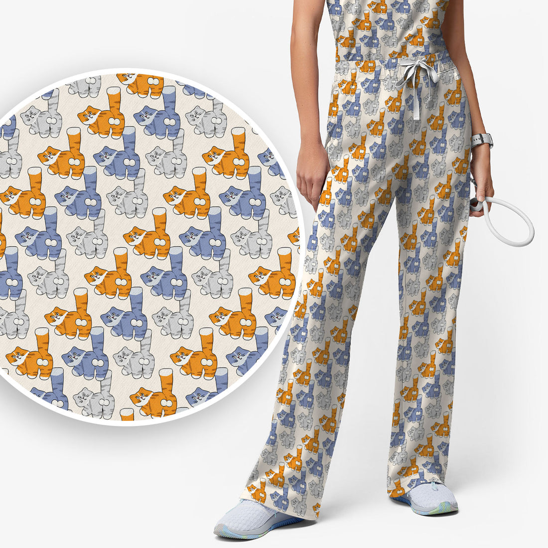 Cute Cartoon Cat Pattern Women’s Scrub Set, Breathable Med Uniform