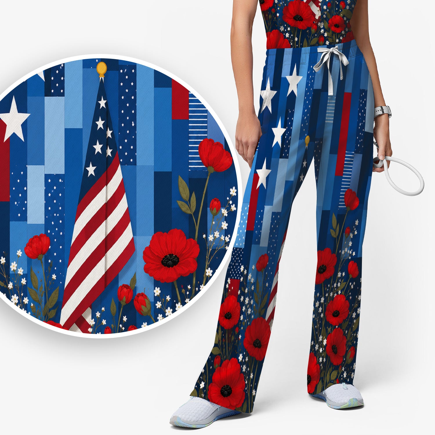 Patriotic Nurse Flag Poppy Pattern Scrub Set, Scrub Pants and V Neck Top