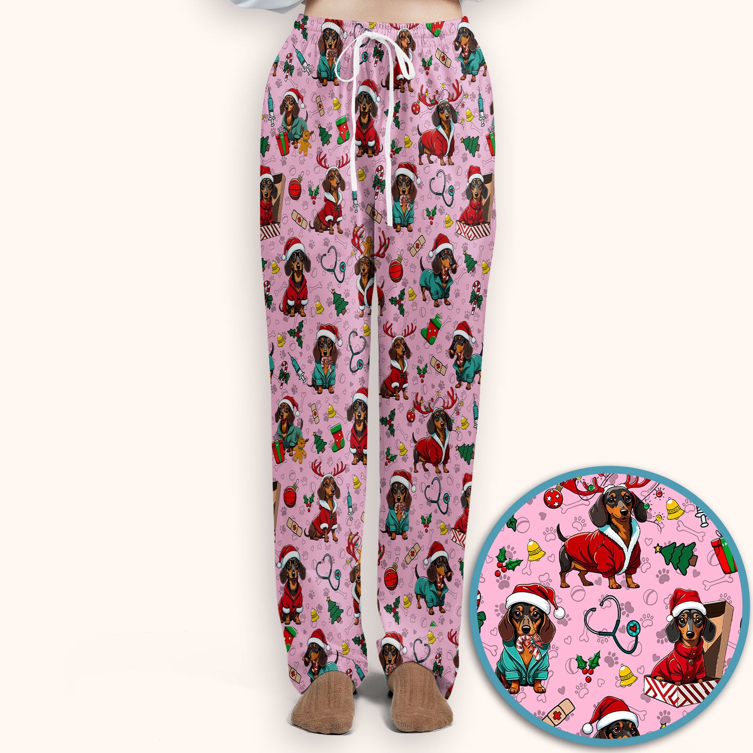 Christmas Dachshund Scrub Set for Nurses - Cute Sausage Dog Holiday - Funny Reindeer & Santa Scrubs Pants and V Neck Top