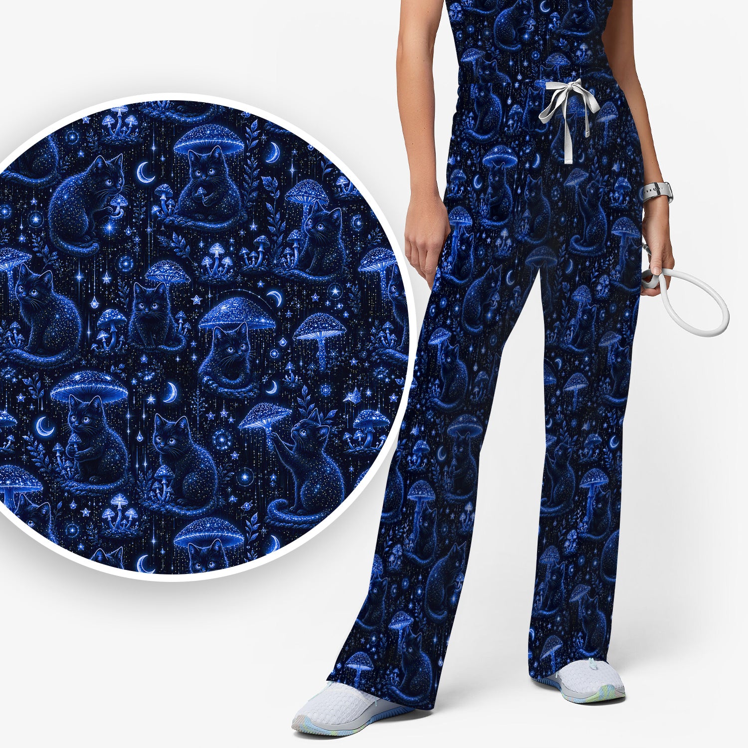 Celestial Black Cat Mushroom Pattern Scrub Set, Scrub Pants and V Neck Top