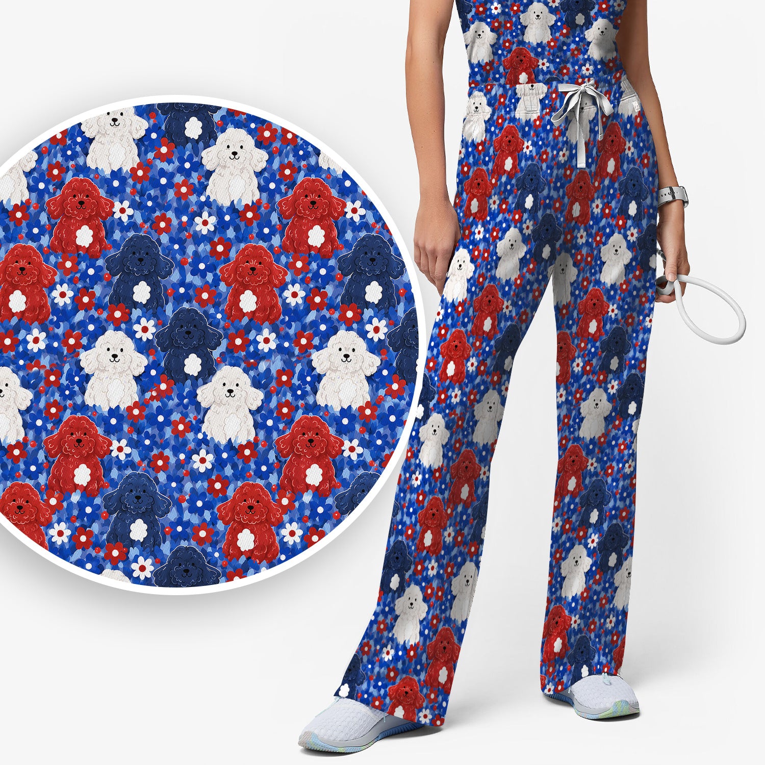 Cute Poodle Floral Garden Print Scrub Set, Scrub Pants and V Neck Top