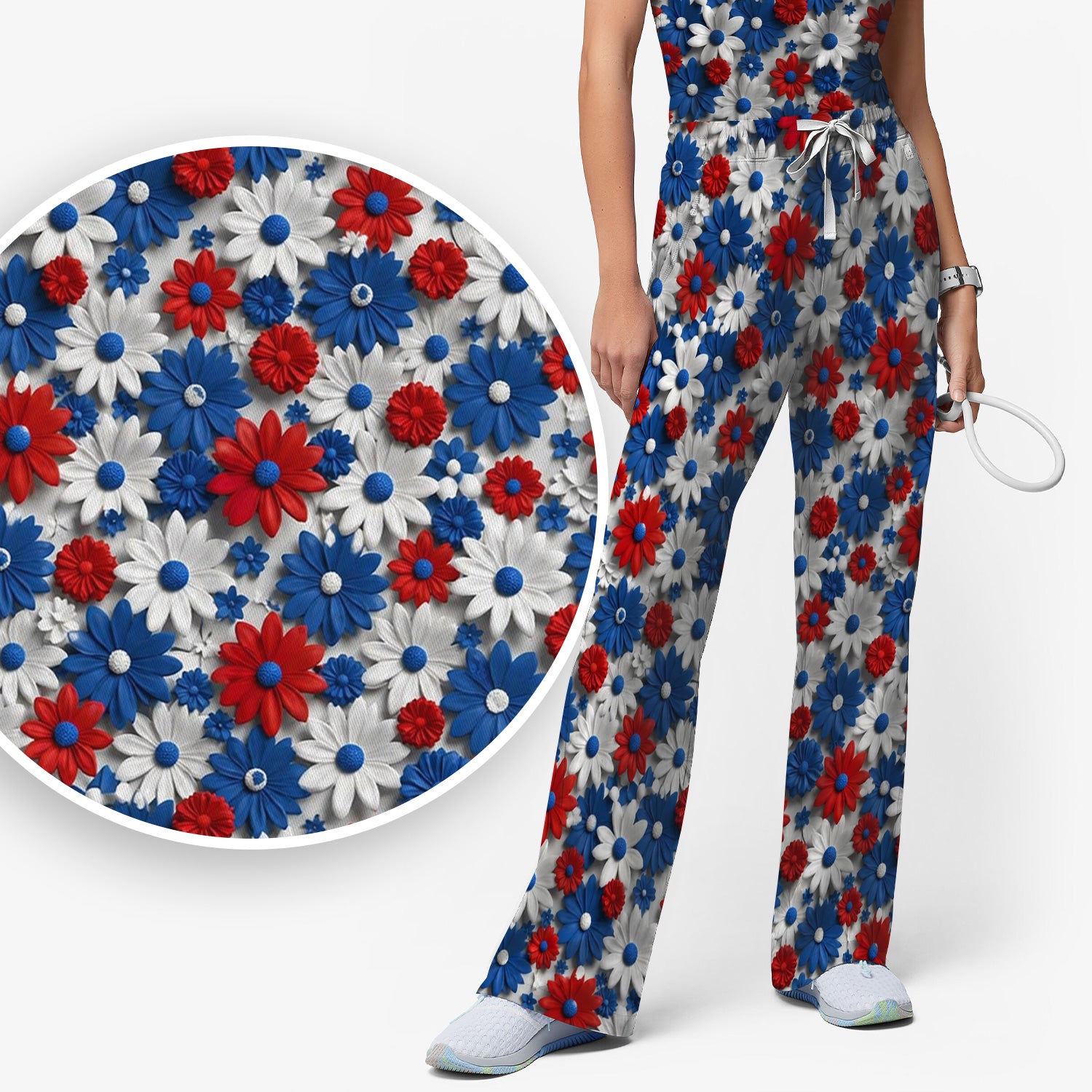 Patriotic Red Blue Daisy Floral Pattern Scrub Set, Scrub Pants and V Neck Top