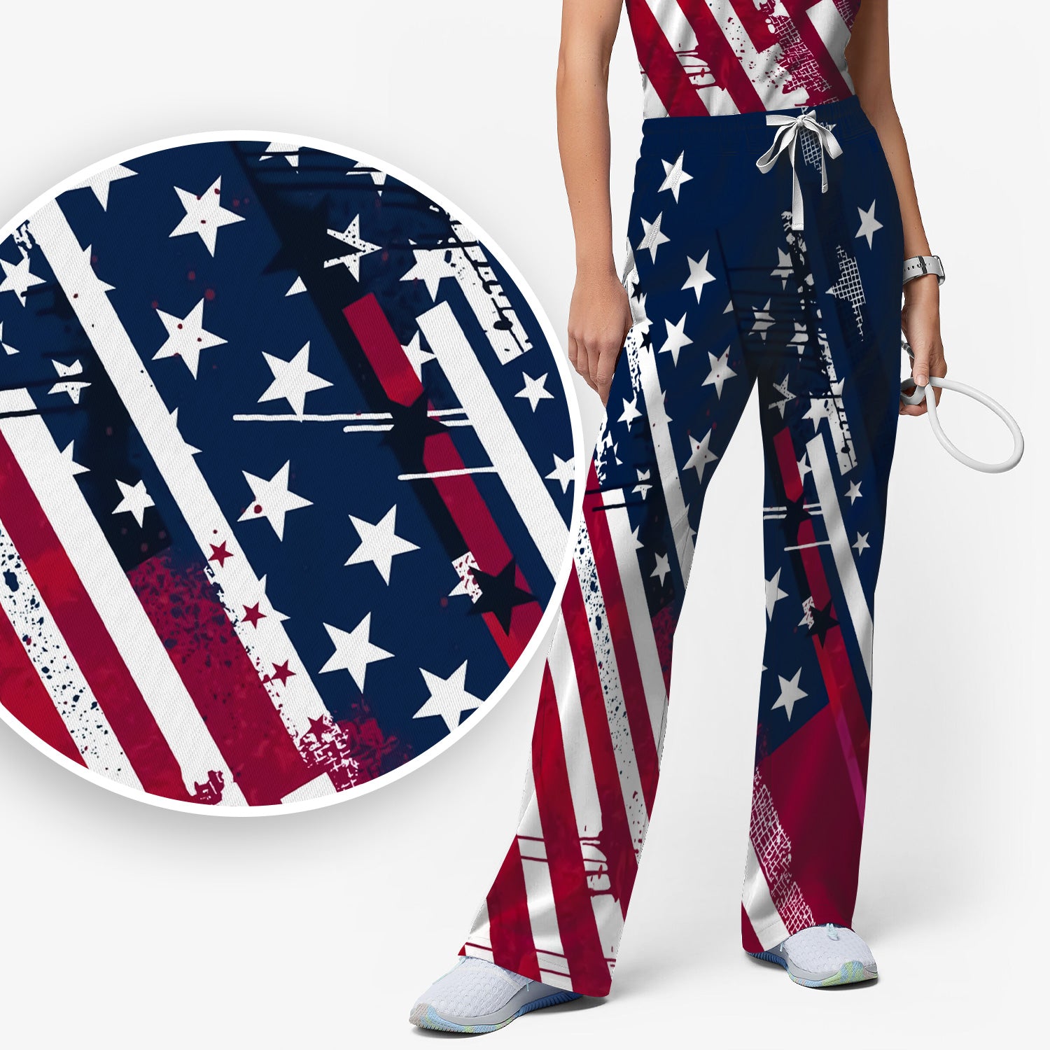 Patriotic USA Flag Stars And Stripes Grunge Pattern Scrub Set, Scrub Pants and V Neck Top