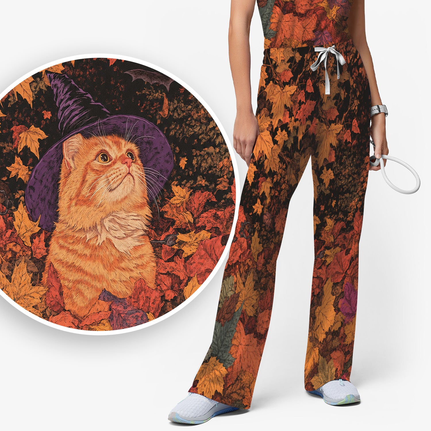Autumn Cat with Fall Leaves Scrub Set, Scrub Pants and V Neck Top