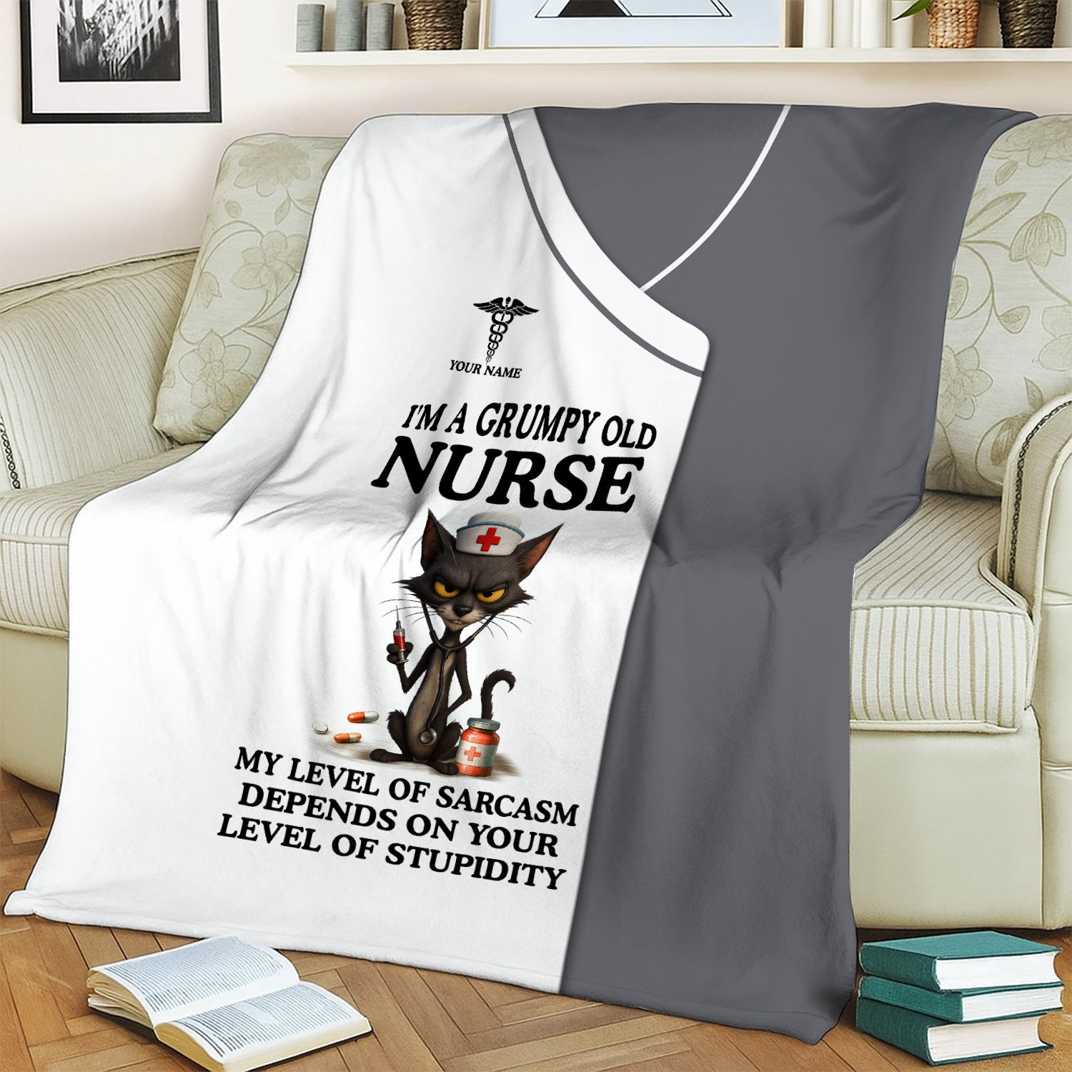 Custom Name Grumpy Old Nurse Blanket - Angry Cat Sarcastic Humor for RN LPN CNA Medical Staff Gift  - Multiple Color Options Available Keepsake