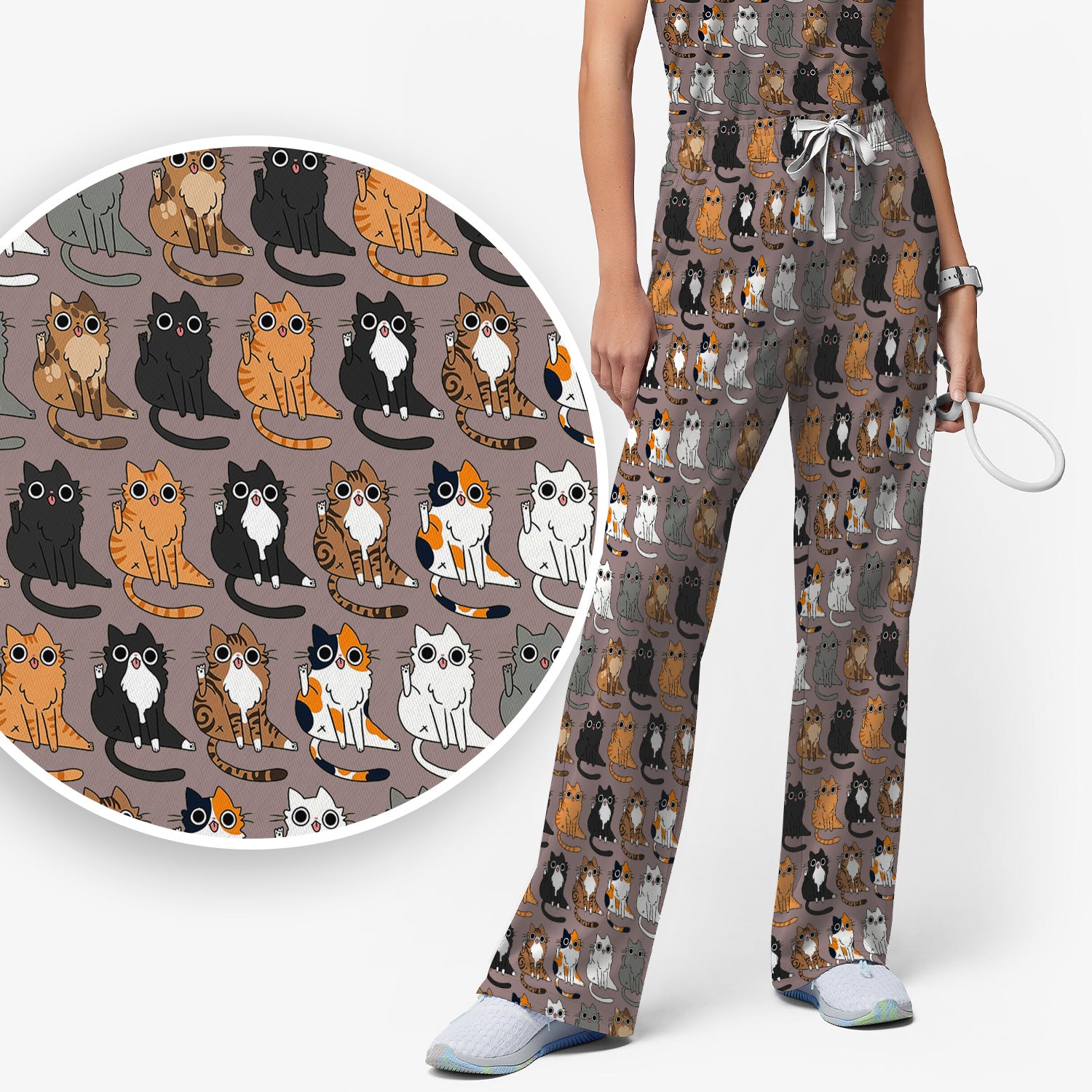 Cute Cartoon Cat Pattern Women's Scrub Set, Scrub Pants and V Neck Top