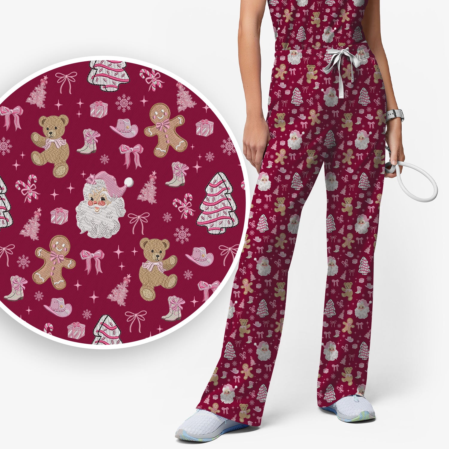 Pink Christmas Santa Gingerbread Scrub Set, Cute Holiday Medical Pattern Shirt, Breathable Fabrics Nursing Uniform