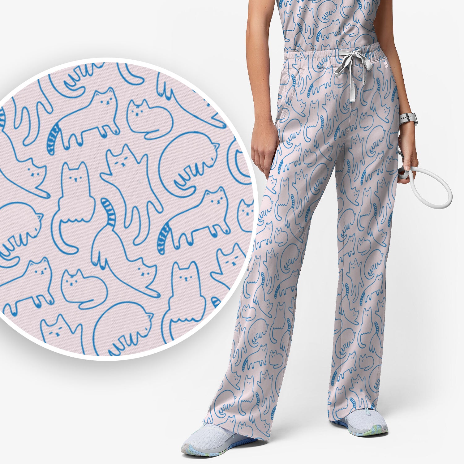 Artistic Cat Pattern Medical Scrub Set, Breathable Fabrics Nursing Uniform