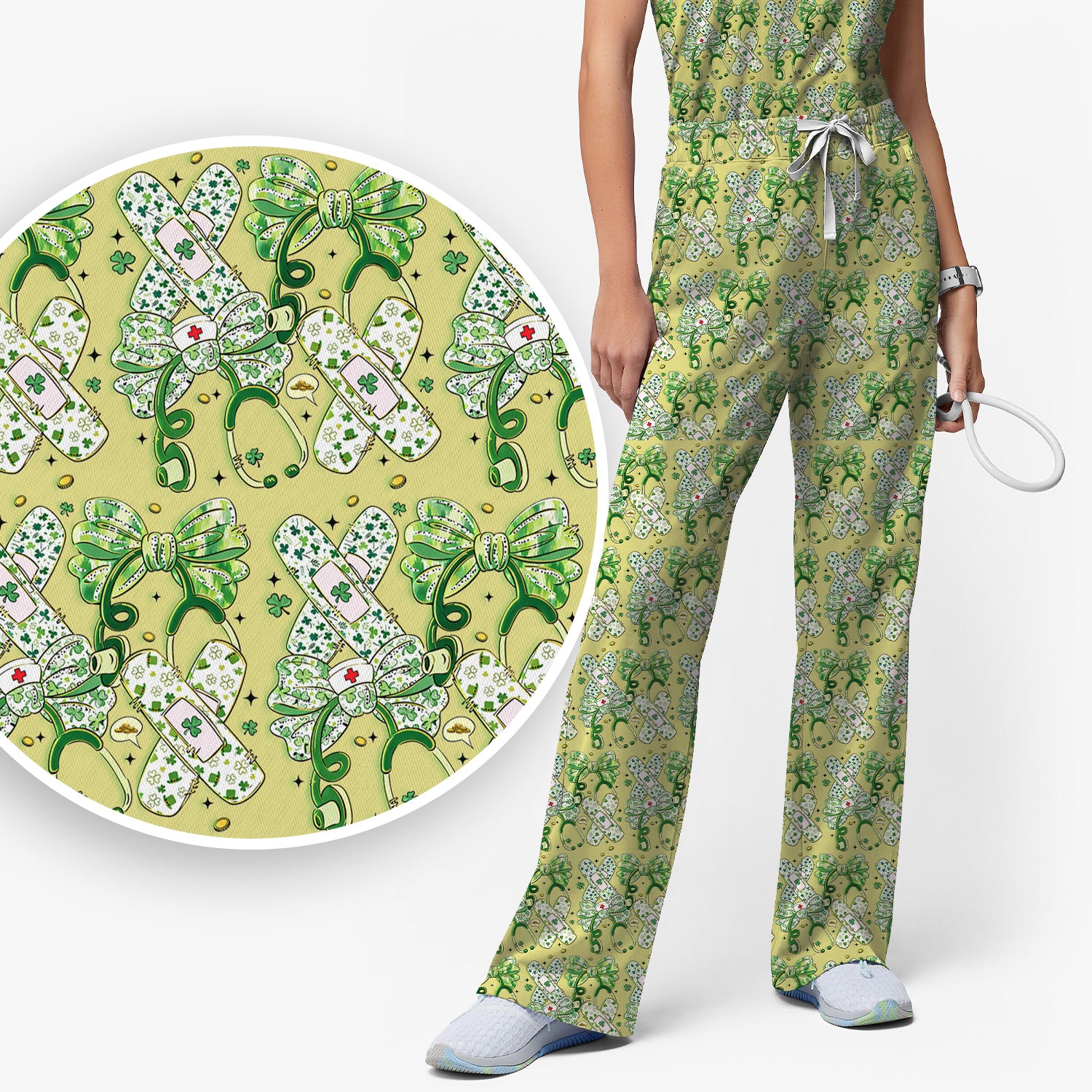 St Patrick Shamrock Stethoscope Bow Print Scrub Set, Breathable Med Uniform