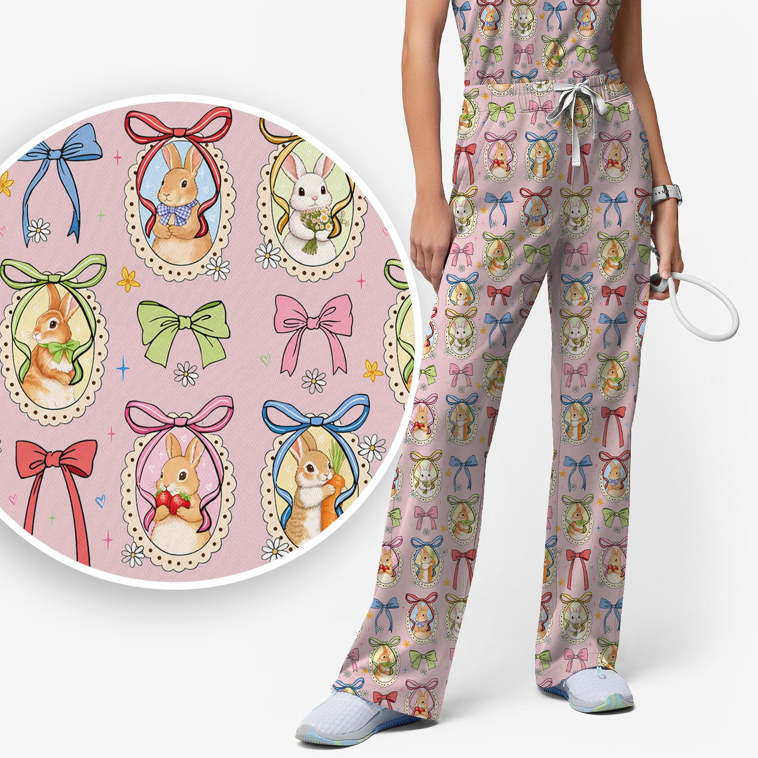 Cute Easter Bunny Cameo Colorful Bow Pattern Scrub Set, Breathable Med Uniform