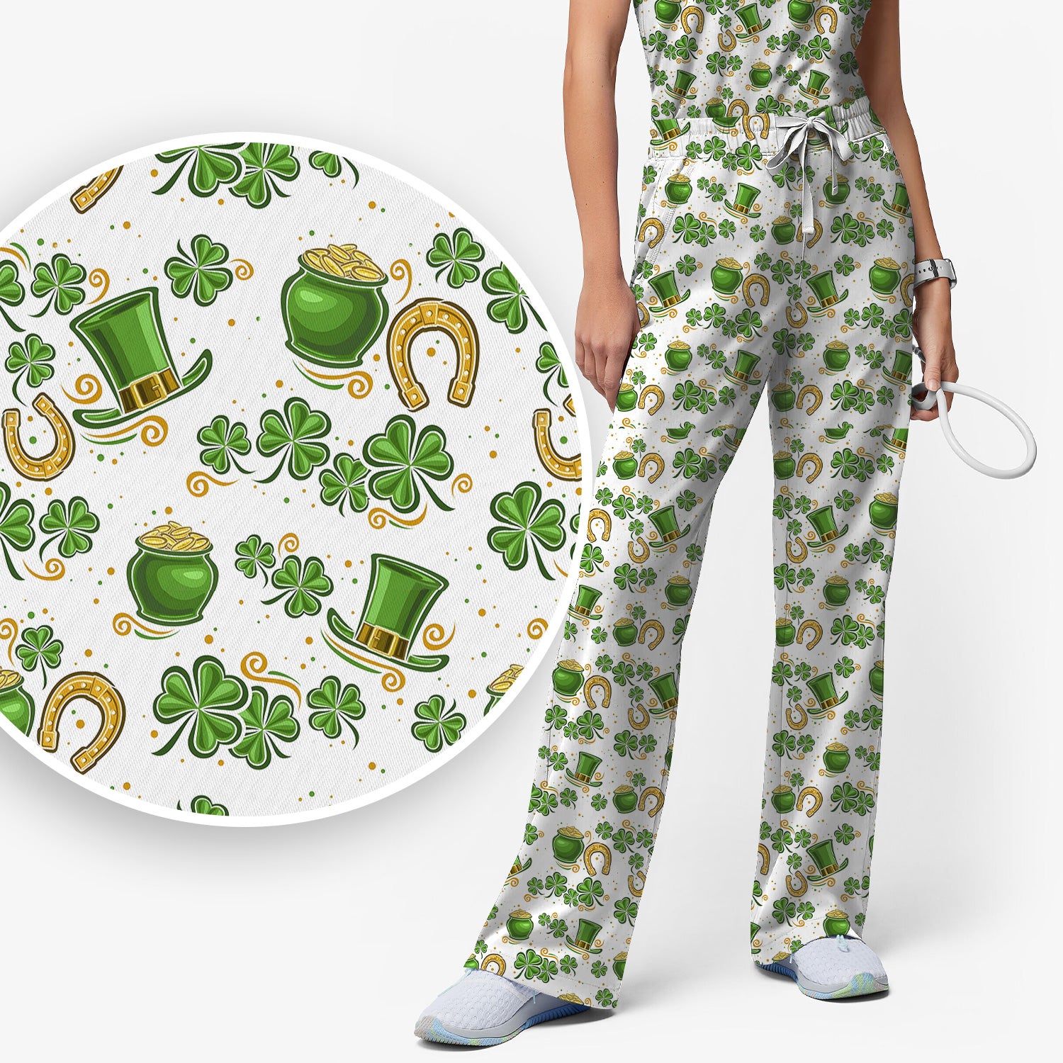 St. Patrick Shamrock Print Scrub Set, Scrub Pants and V Neck Top