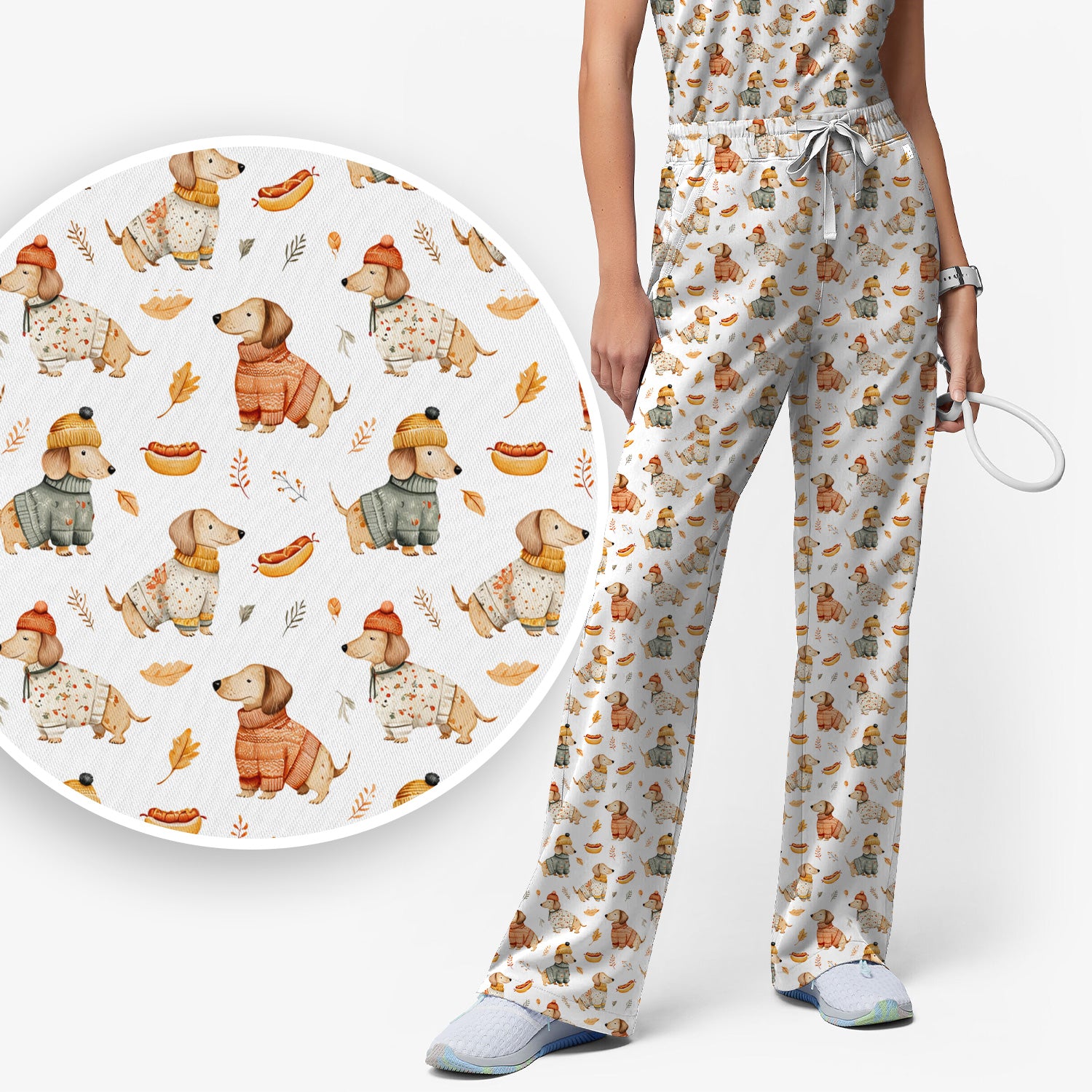 Autumn Dachshund Dog Sweater Print Scrub Set, Breathable Med Uniform