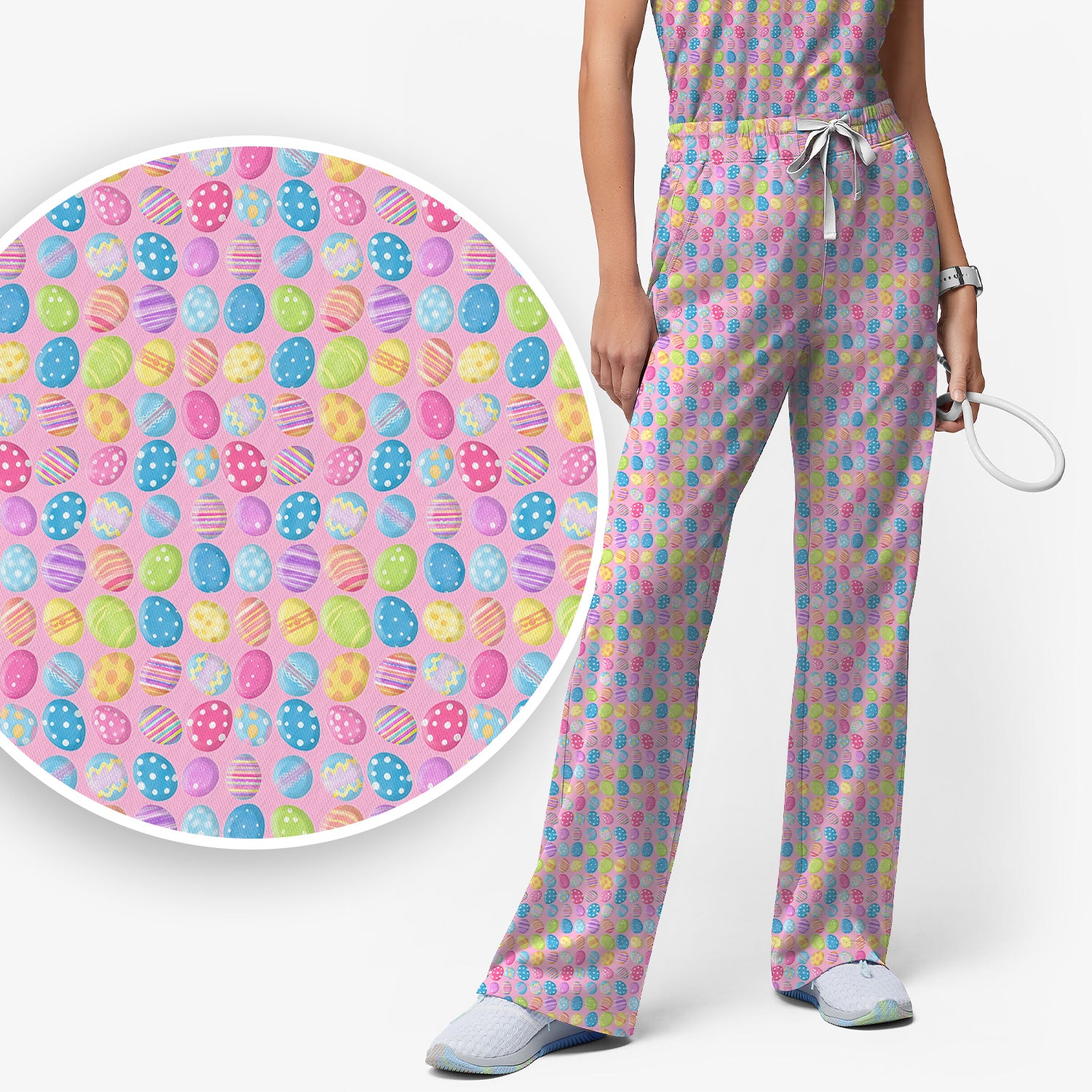Colorful Easter Eggs Pattern Scrub Set, Scrub Pants and V Neck Top