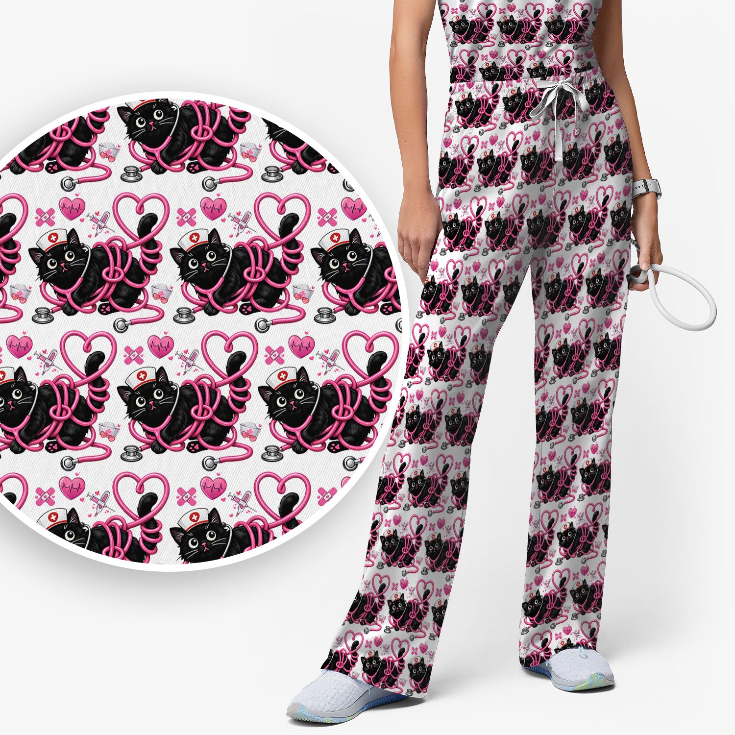 Valentine Cute Cat Nurse Heart Print Women's Scrub Set, Breathable Med Uniform