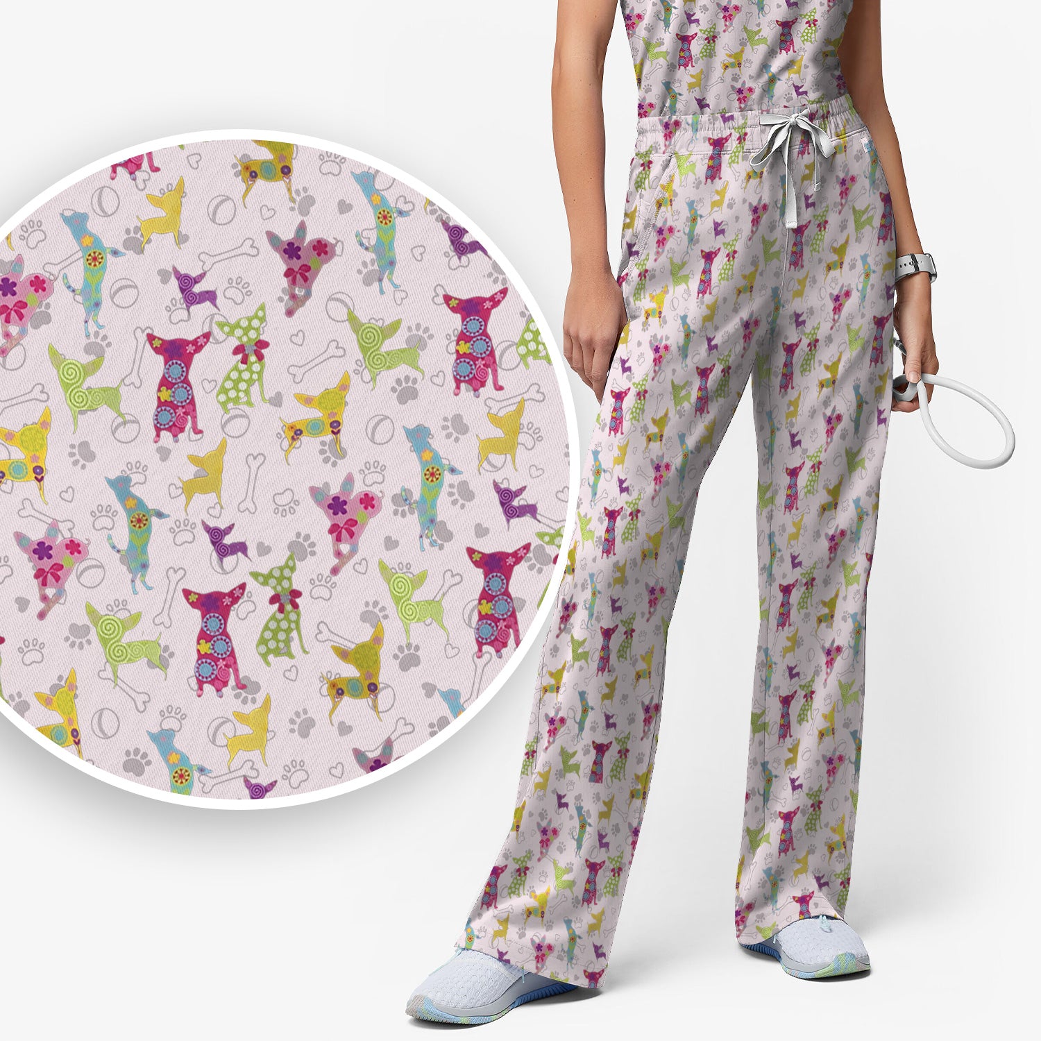 Colorful Playful Dog Print Nurse Scrub Set, Scrub Pants and V Neck Top