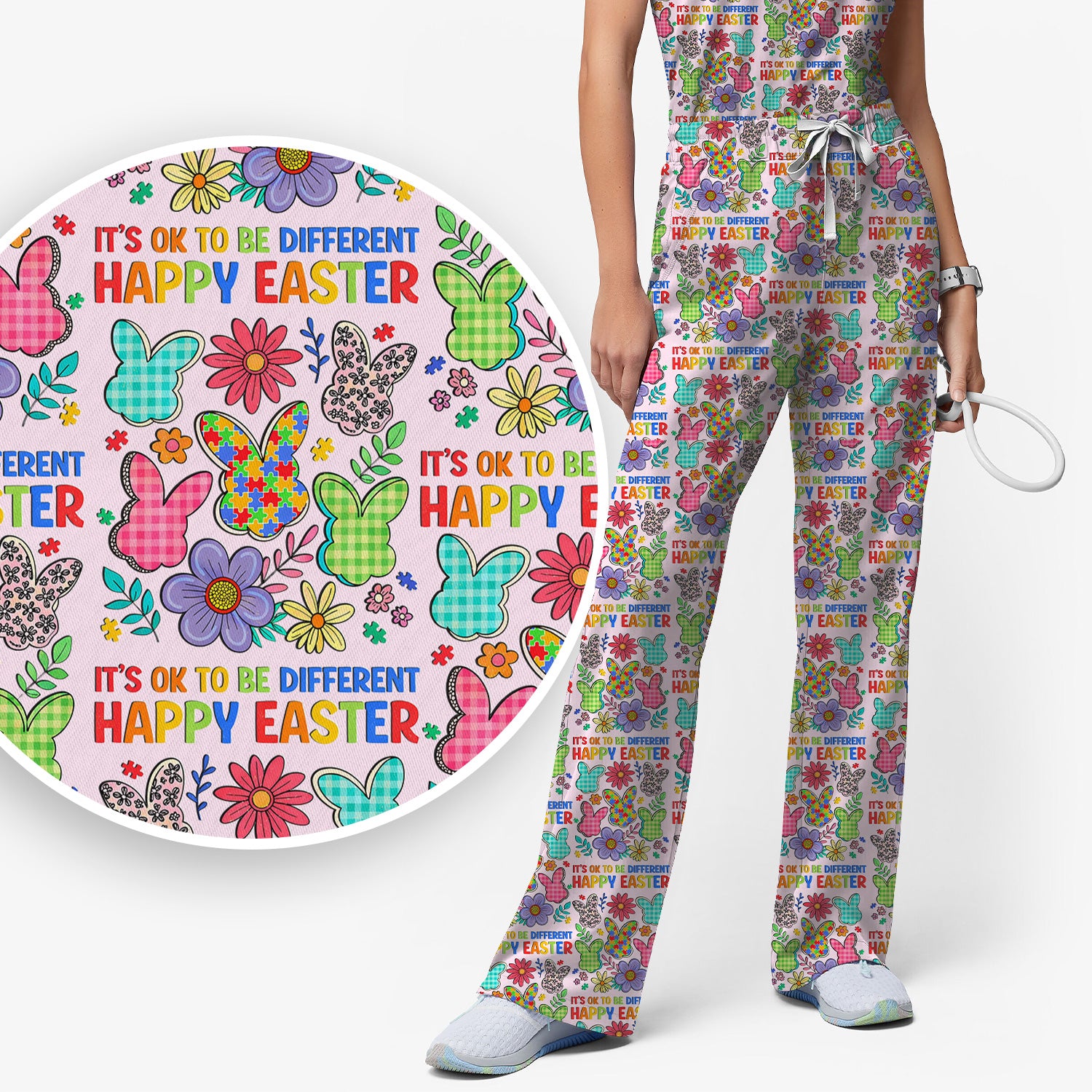 Happy Easter Bunny Floral Print Scrub Set, Breathable Med Uniform