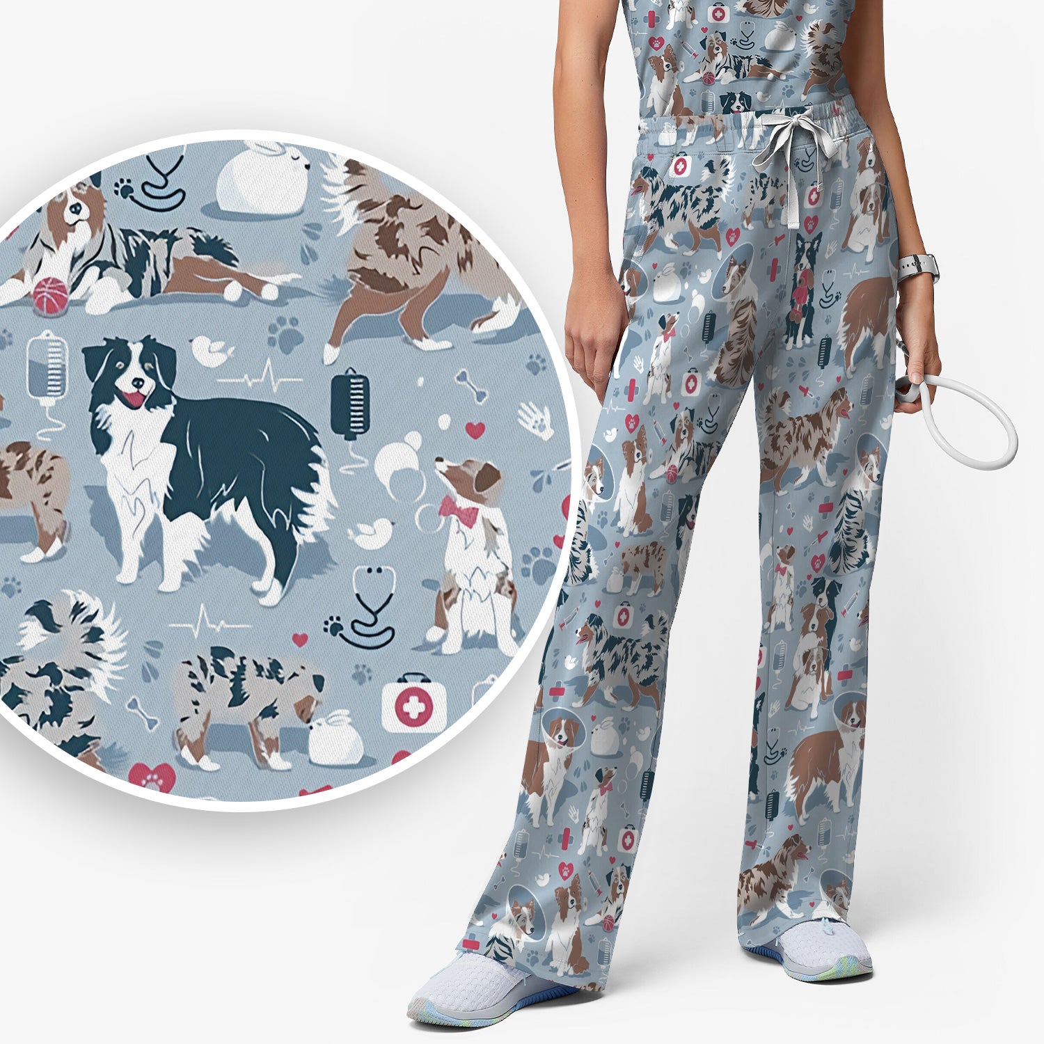 Cute Dog Pattern Women's Veterinary Scrub Set, Scrub Pants and V Neck Top